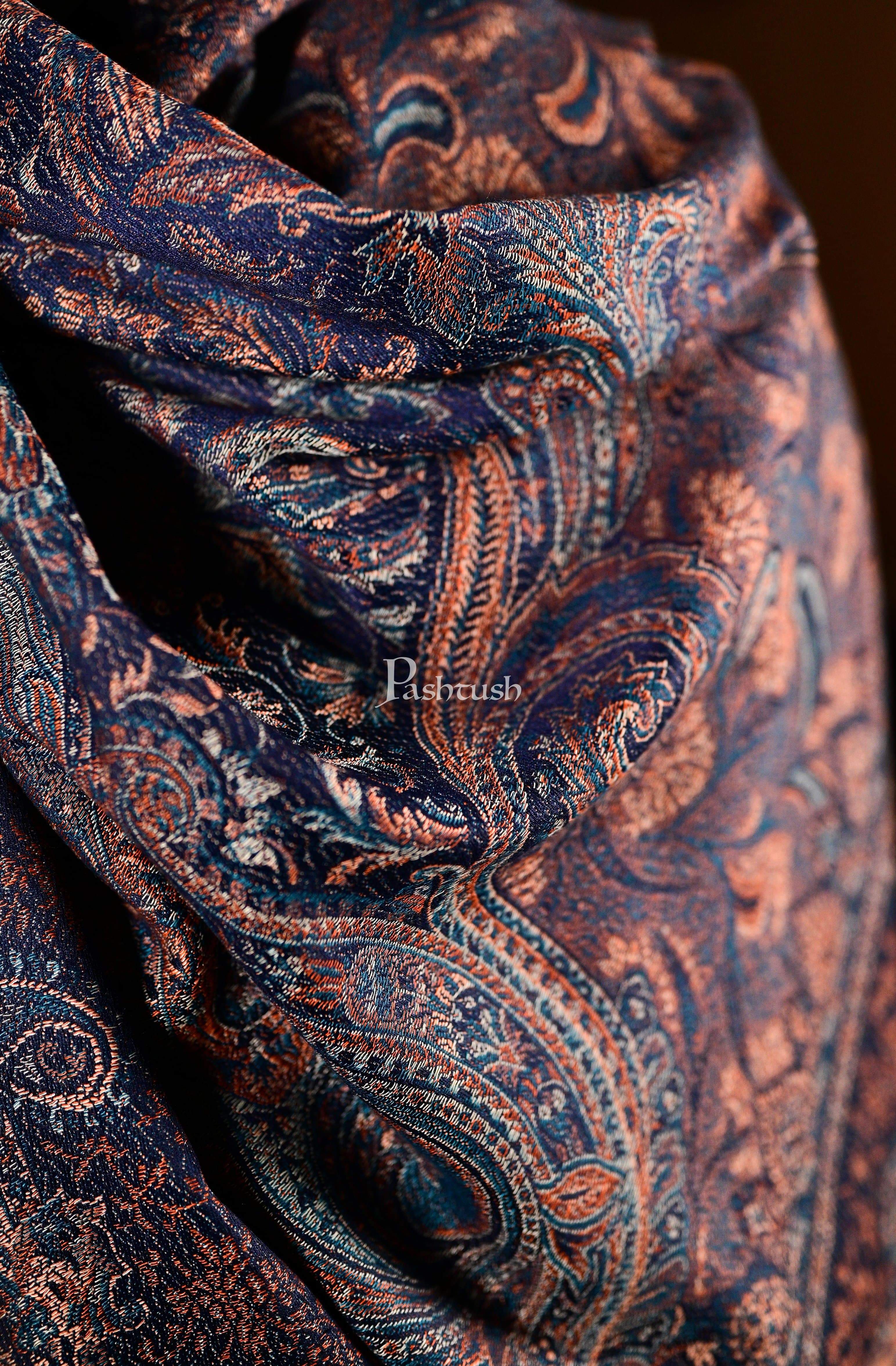 Pashtush Mens Jamawar Stole, Fine Soft Ethnic Stole Navy Blue - Image 3