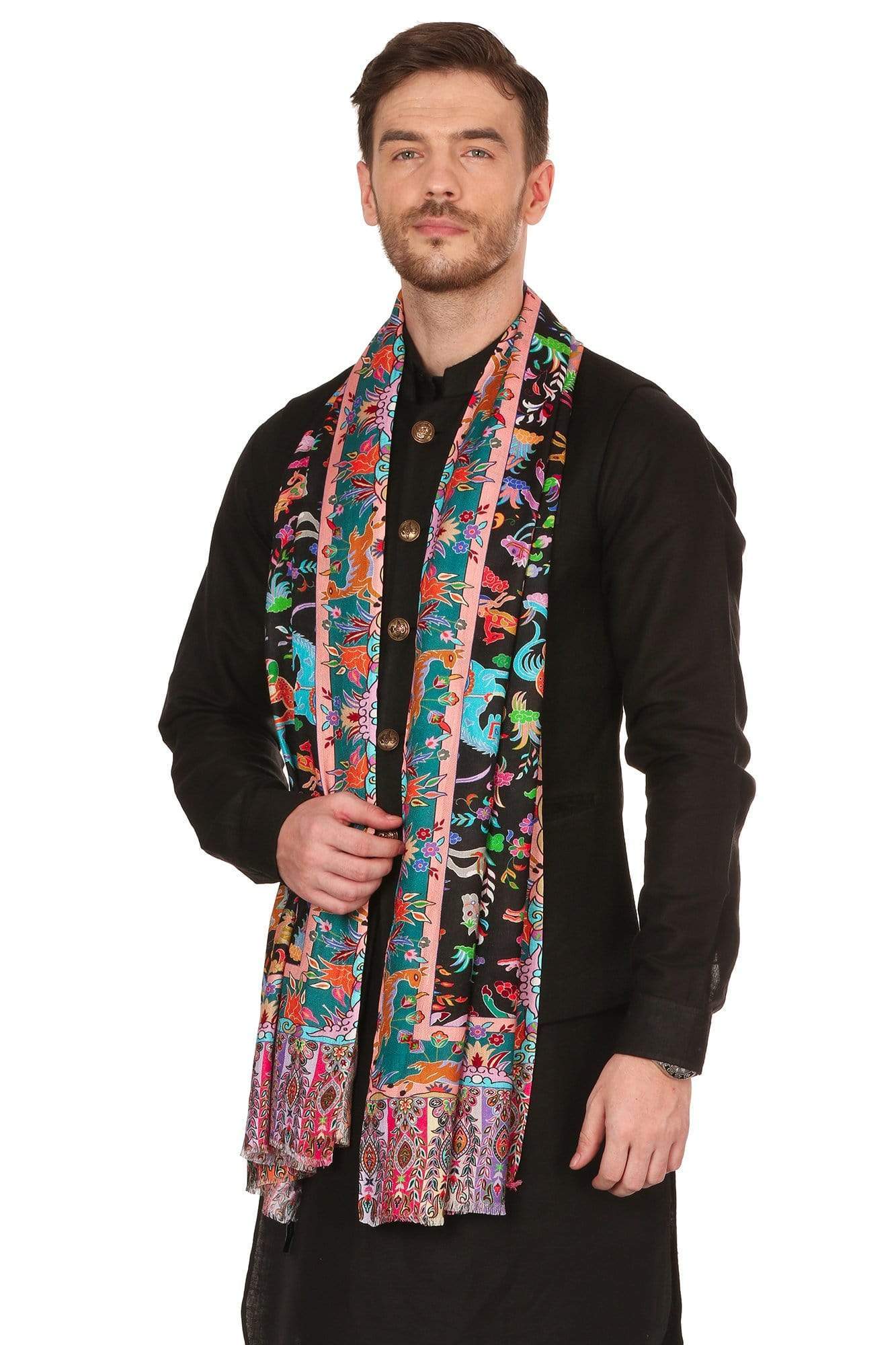 Pashtush Mens Fine Soft Bamboo Stole, Shikaardar Design - Black - Image 3