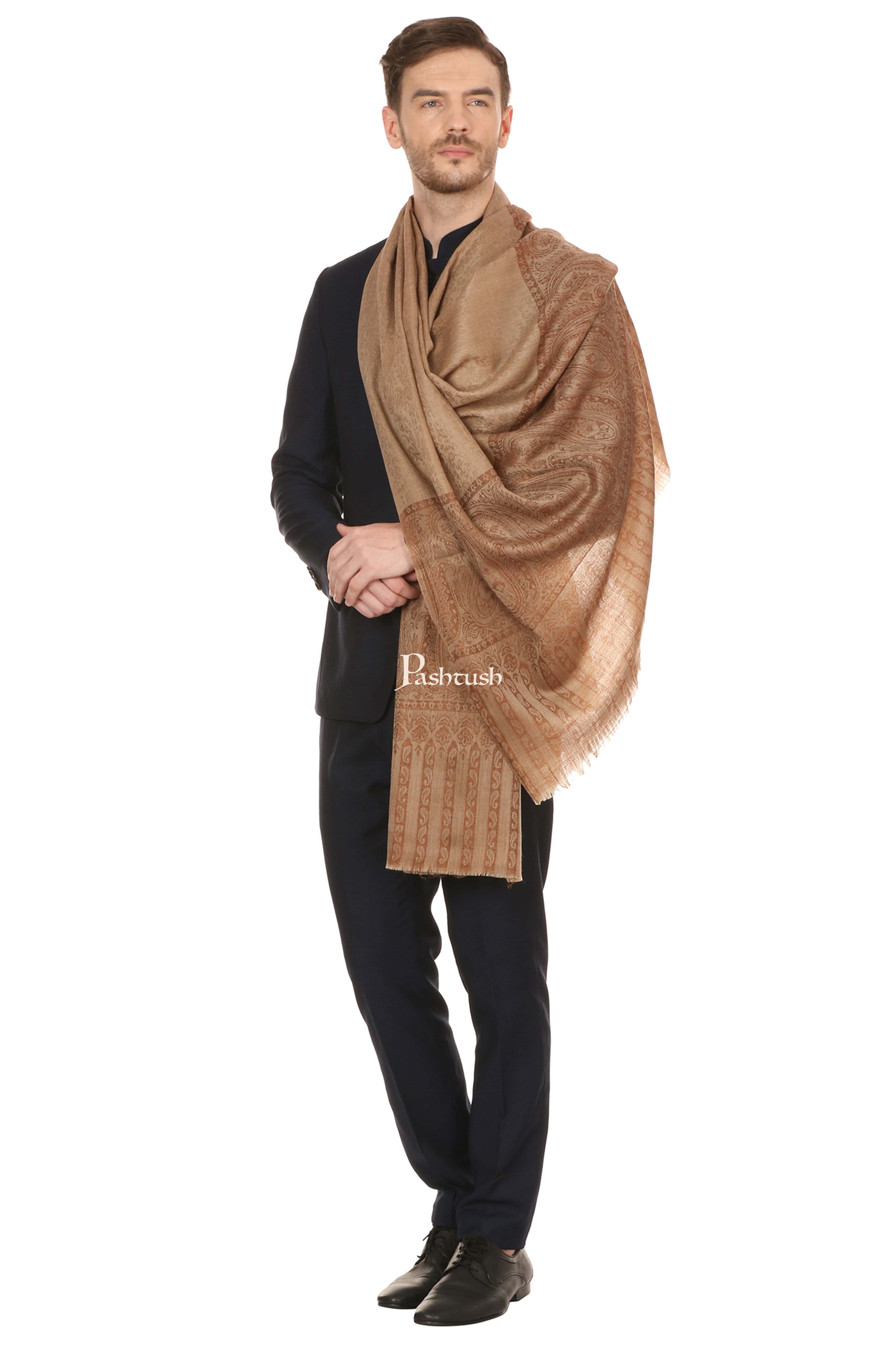 Pashtush Mens Fine Wool Jacquard Stole, Beige - Image 4