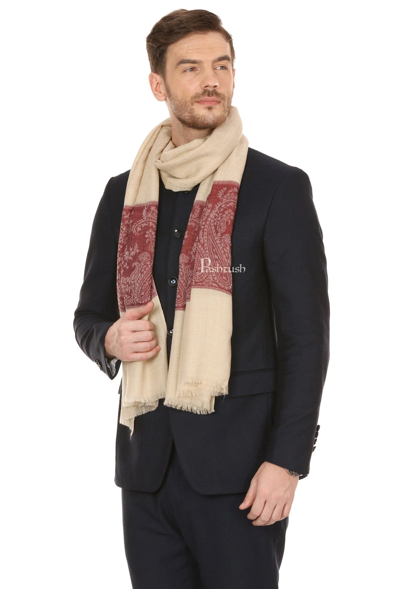 Pashtush Mens Fine Wool Jacquard Stole, Beige - Image 3