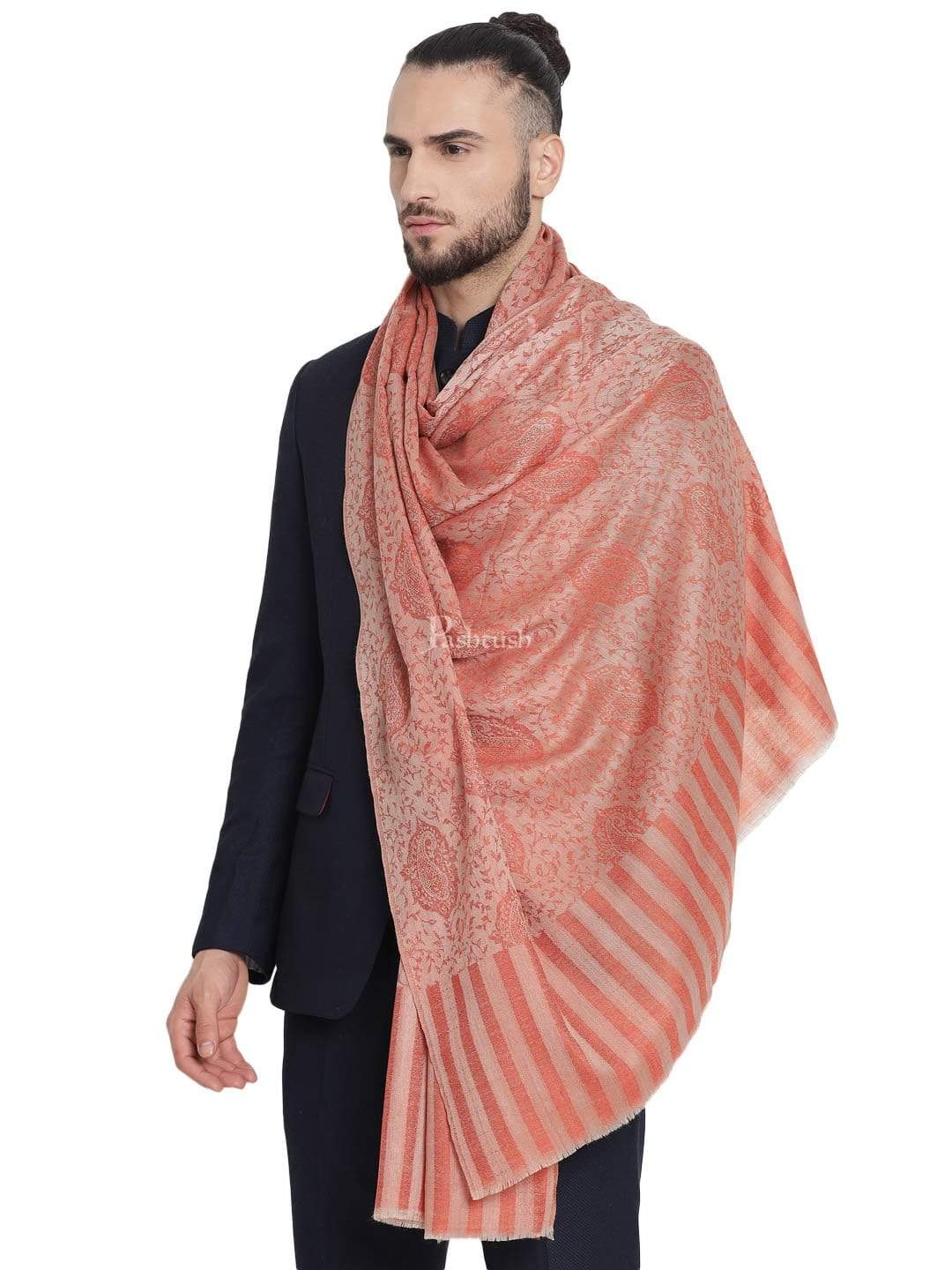 Pashtush Mens Fine Wool Jacquard Stole, Bottle Peach - Image 5