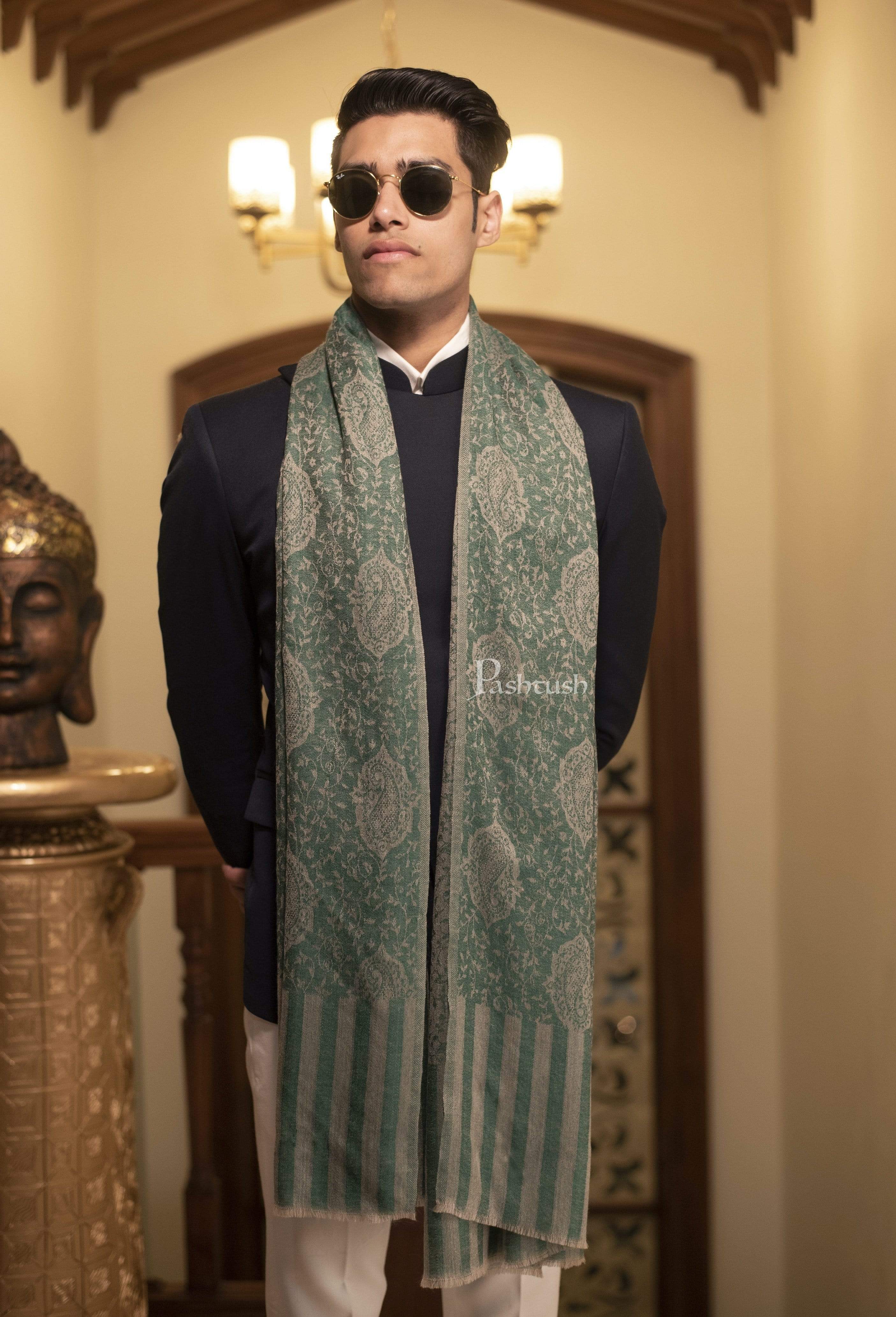 Pashtush Mens Fine Wool Jacquard Stole, Bottle Green - Image 2