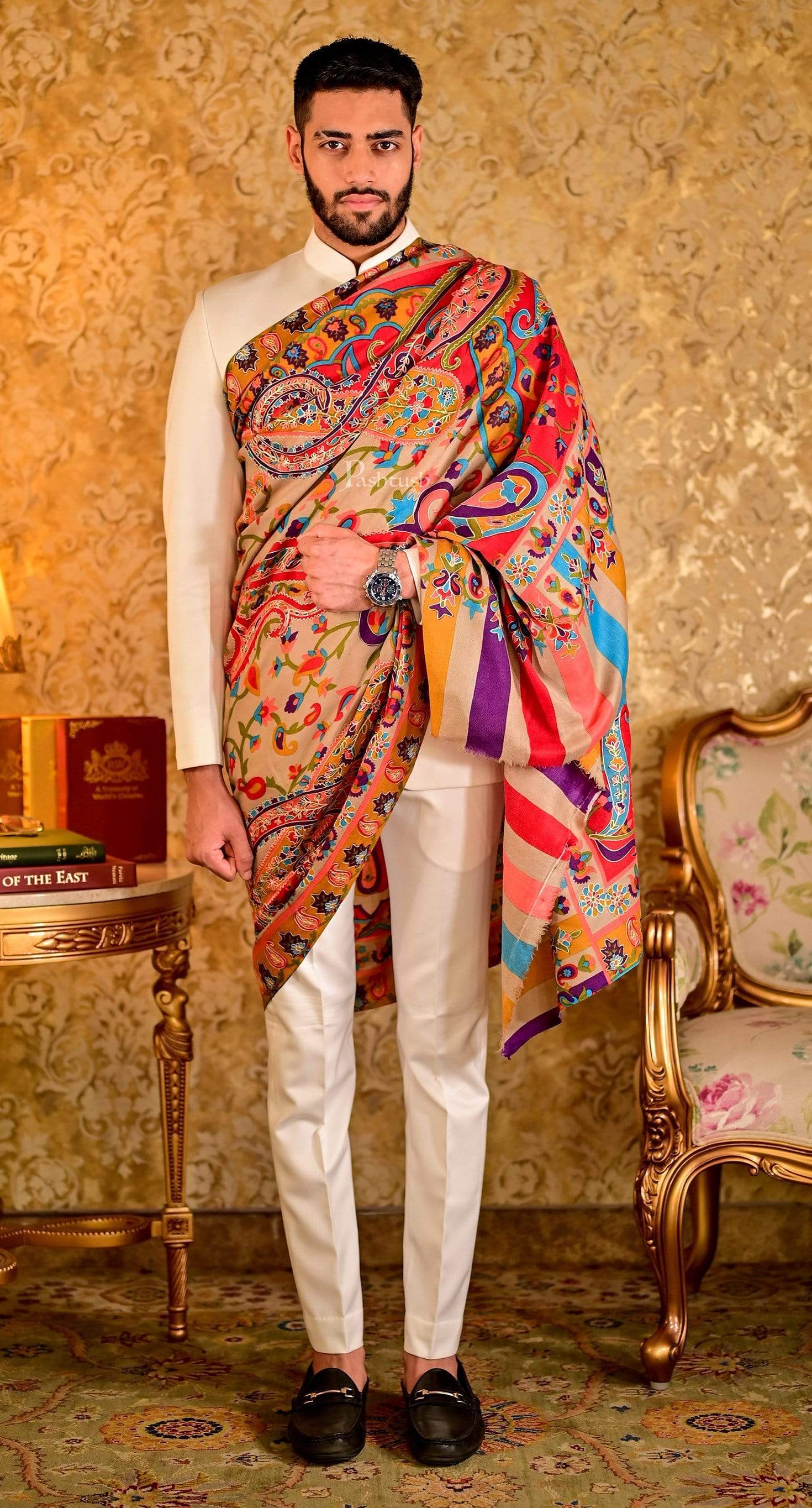 Pashtush Mens Fine Wool, Kalamkari Printed Shawl, Multicoloured - Image 7
