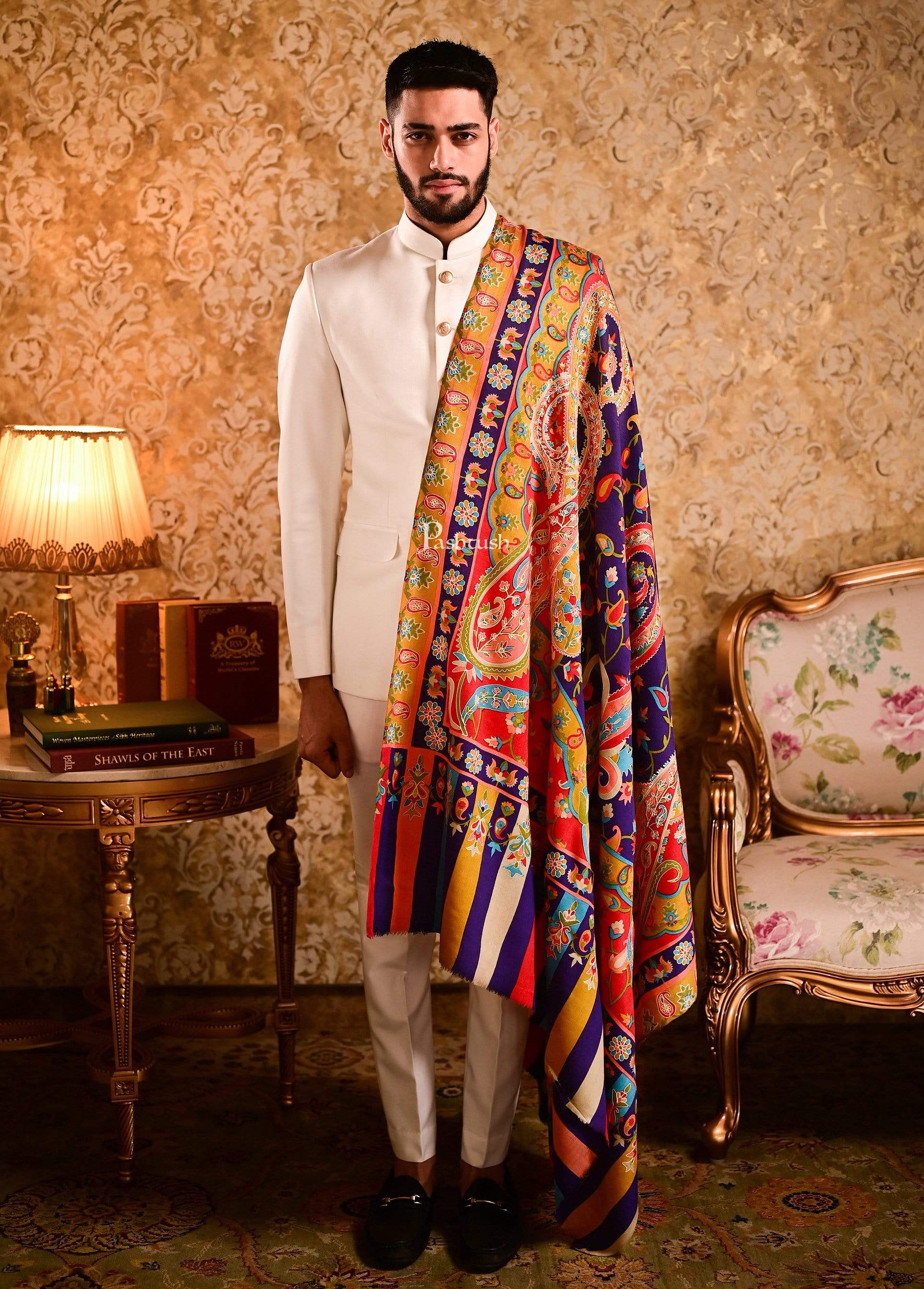 Pashtush Mens Fine Wool, Kalamkari Printed Shawl, Multicoloured