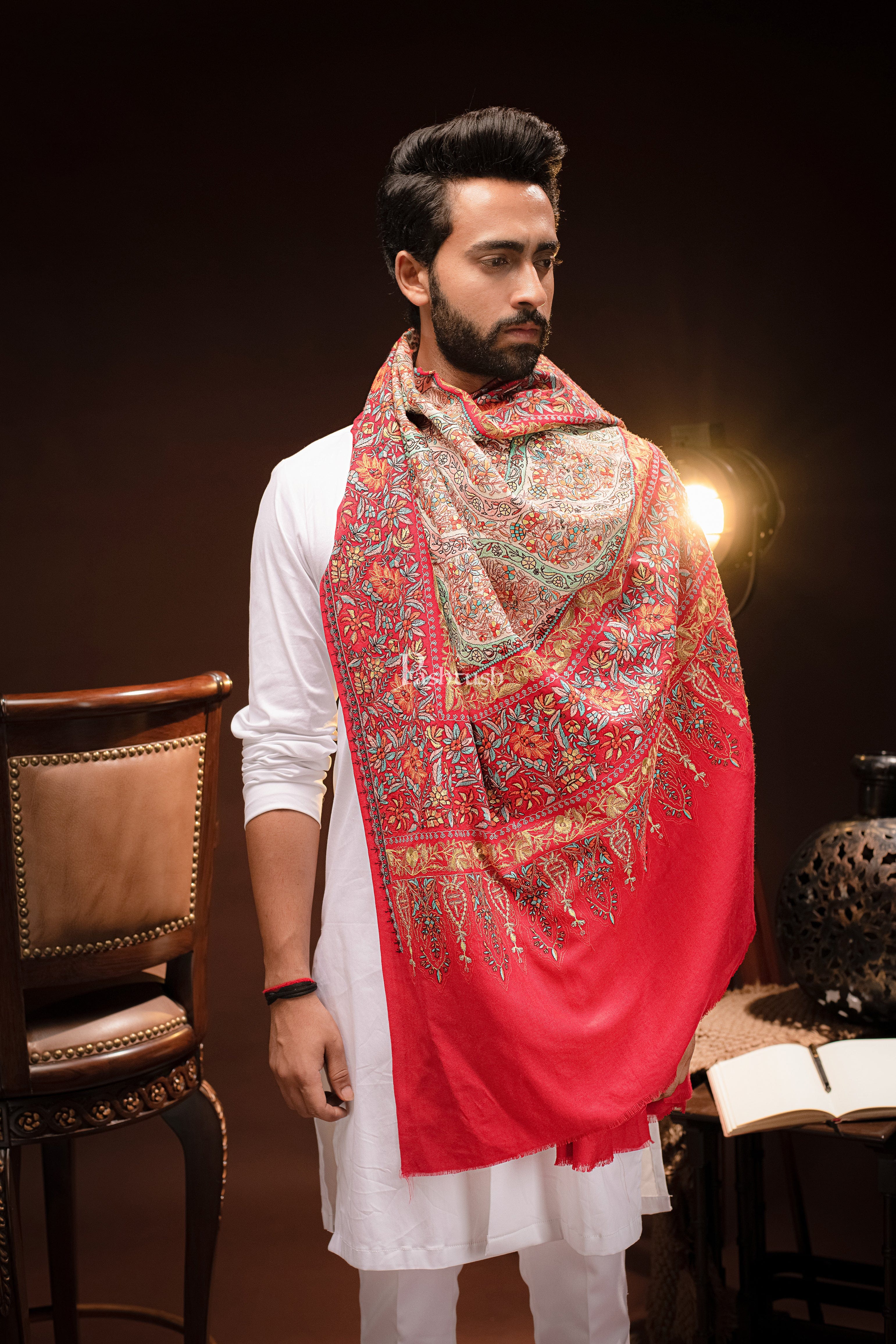 Pashtush Mens Fine wool Papier Machè Embroidery Stole, Multicolour - Image 4