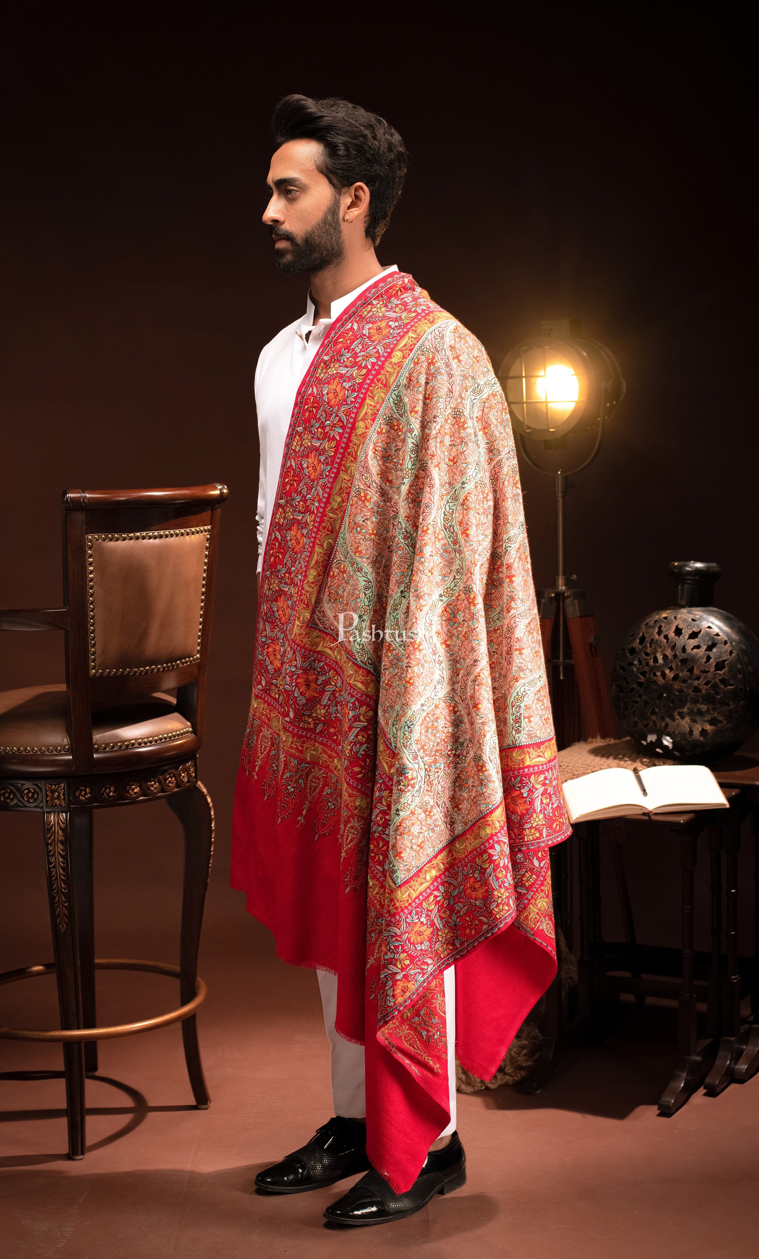 Pashtush Mens Fine wool Papier Machè Embroidery Stole, Multicolour - Image 7