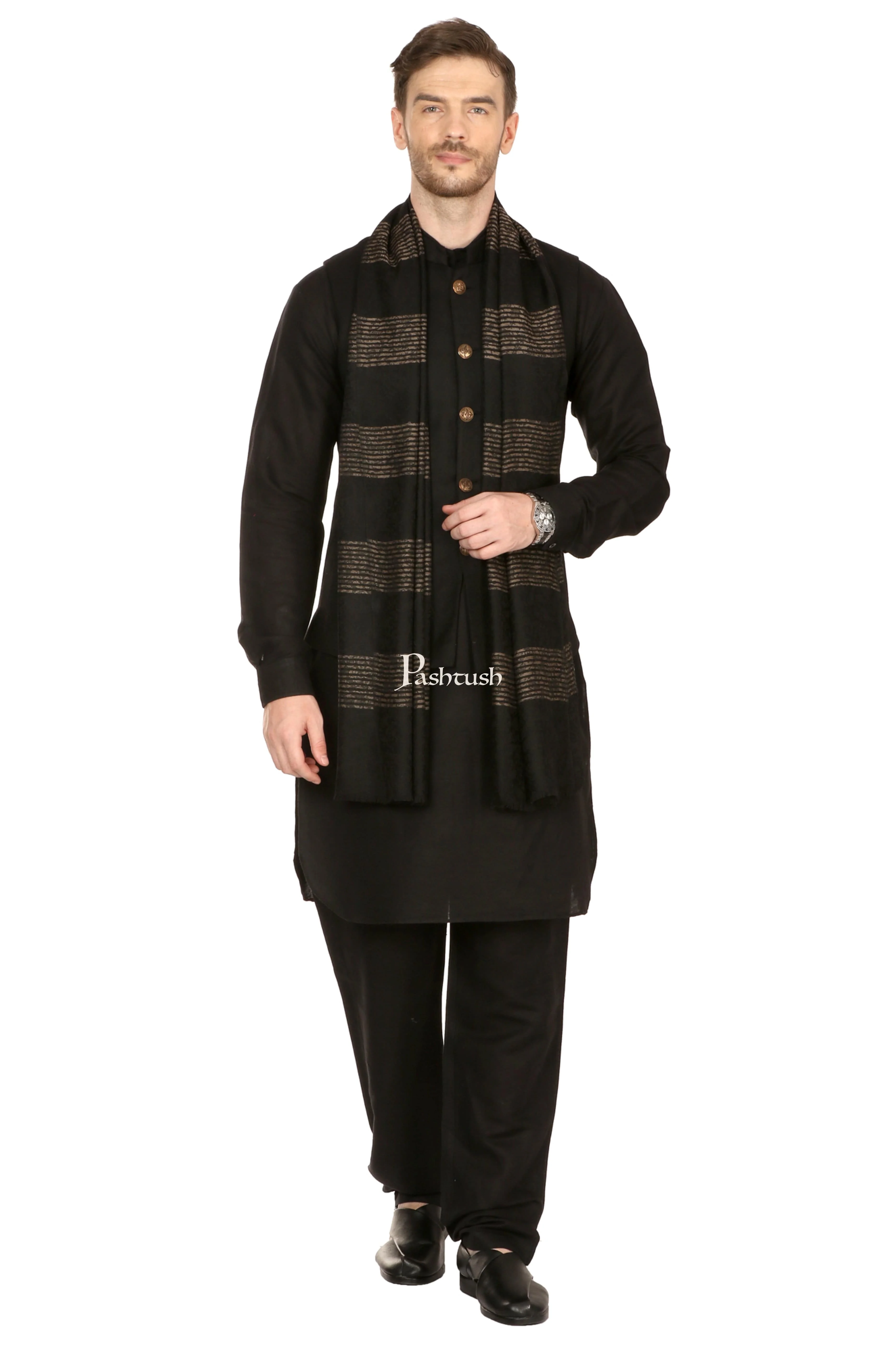 Pashtush Mens Fine Wool Reversible Muffler, Soft And Warm - Black - Image 3