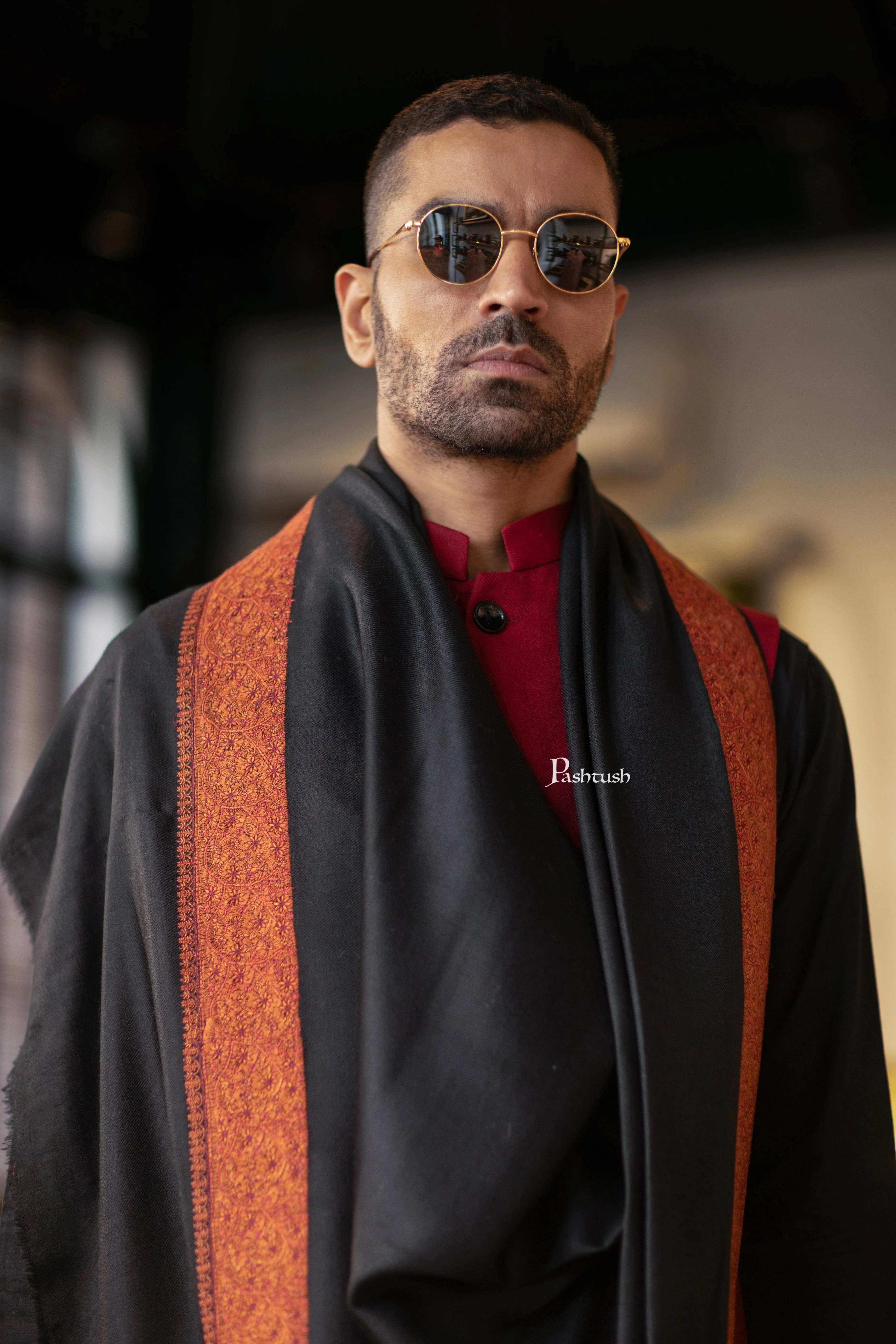 Pashtush Mens Fine Wool Shawl, Border Embroidery, Challa Daur, Black - Image 3