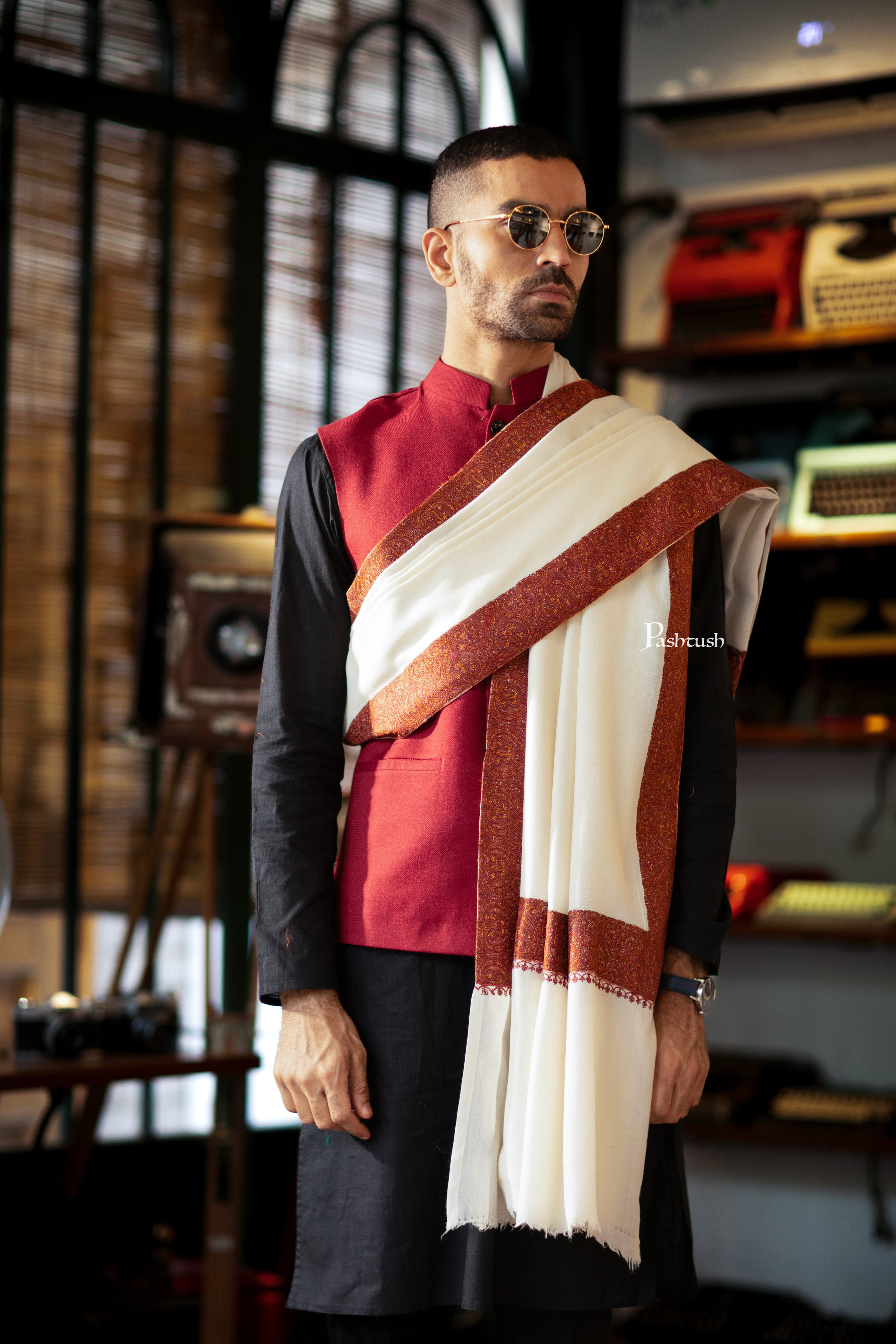 Pashtush Mens Fine Wool Shawl, Border Embroidery, Challa Daur, Ivory - Image 3
