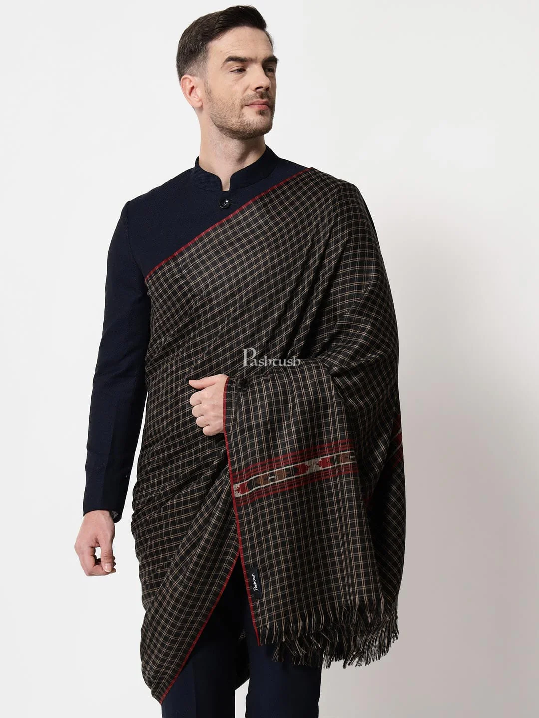 Pashtush mens Fine Wool shawl, Checkered Weave design, Black - Image 5