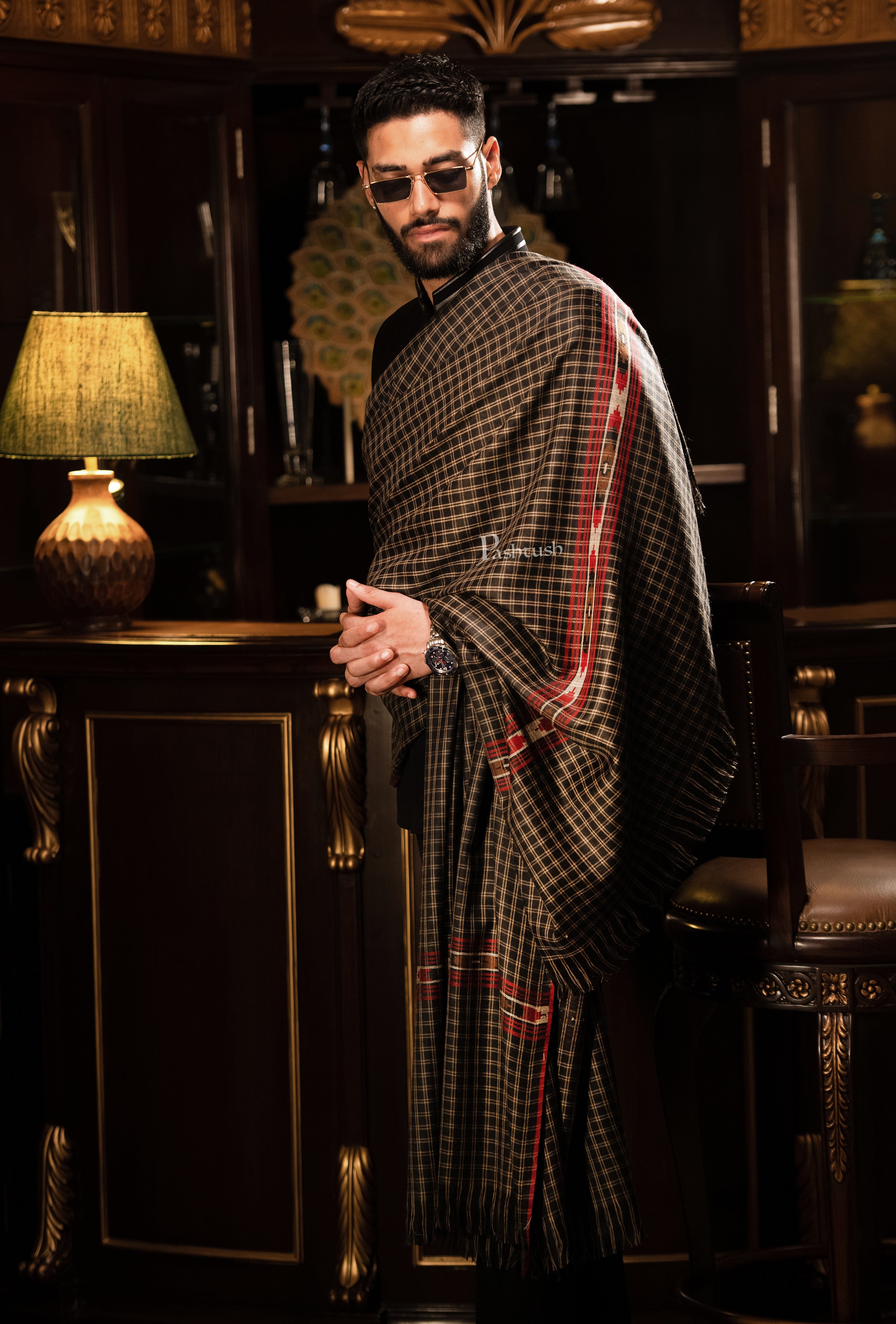 Pashtush mens Fine Wool shawl, Checkered Weave design, Black - Image 4