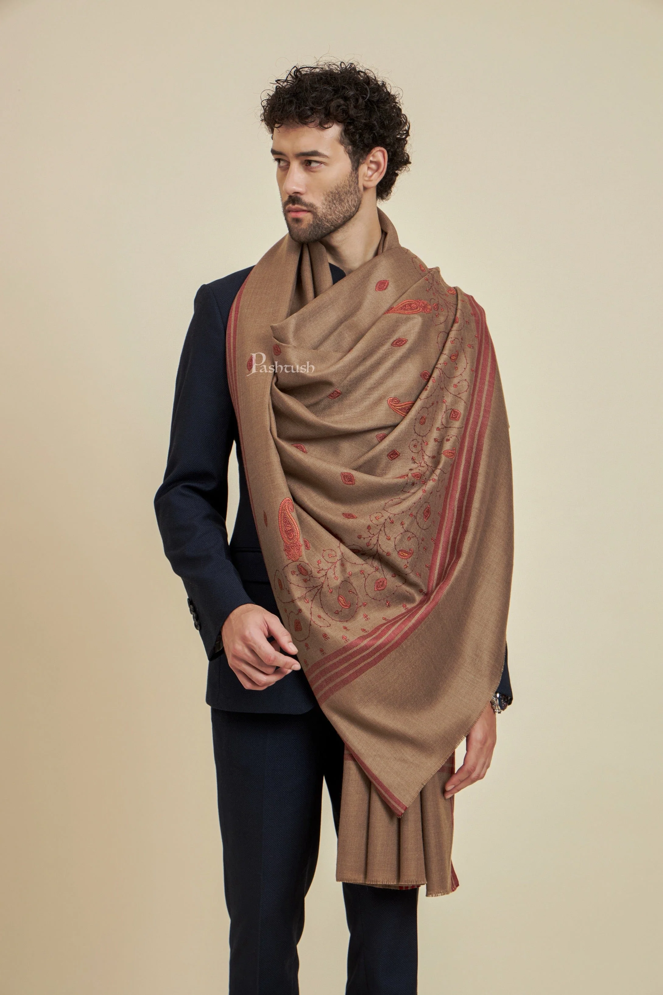 Pashtush Mens Fine Wool Shawl,  Design, Taupe - Image 4