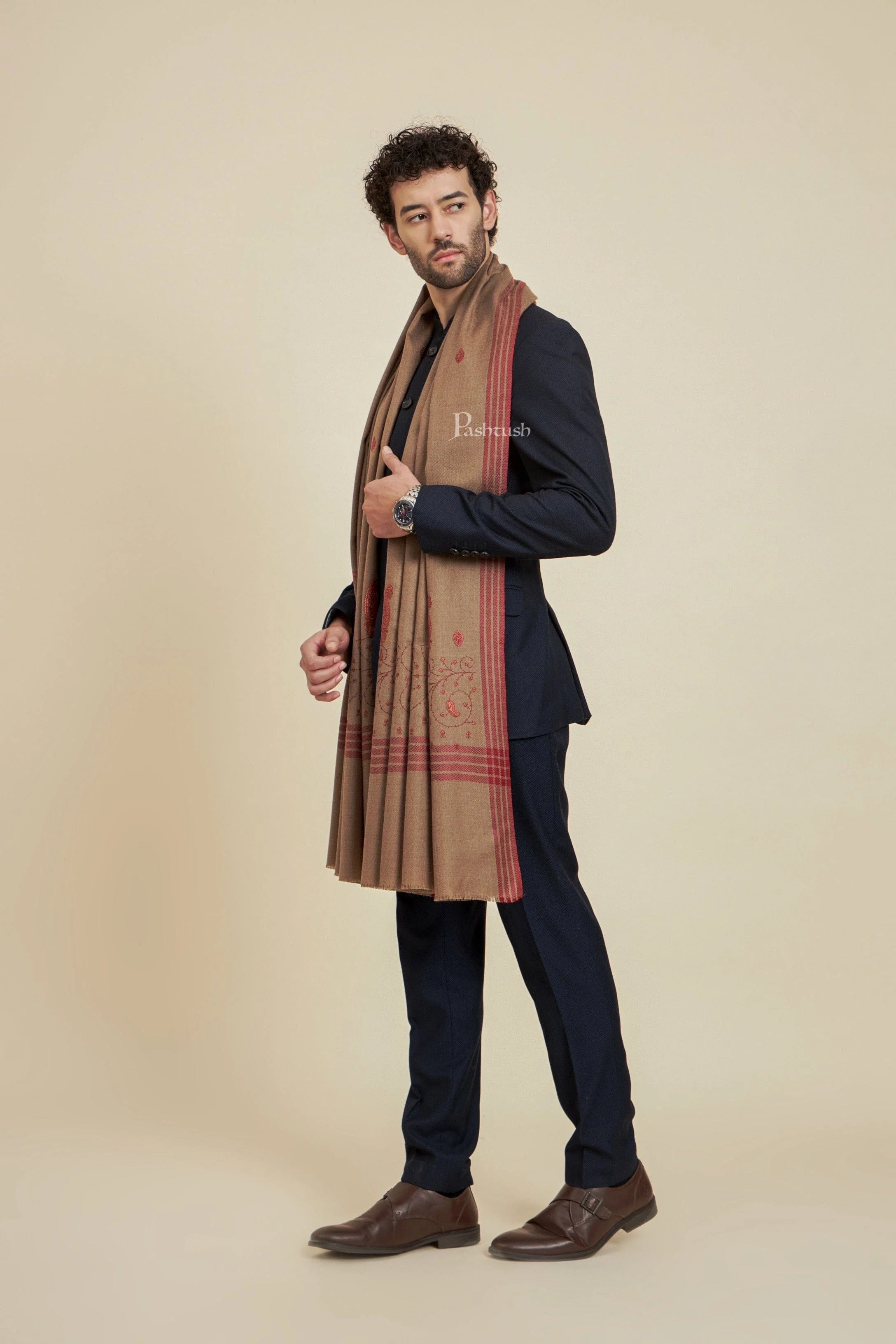Pashtush Mens Fine Wool Shawl,  Design, Taupe - Image 5