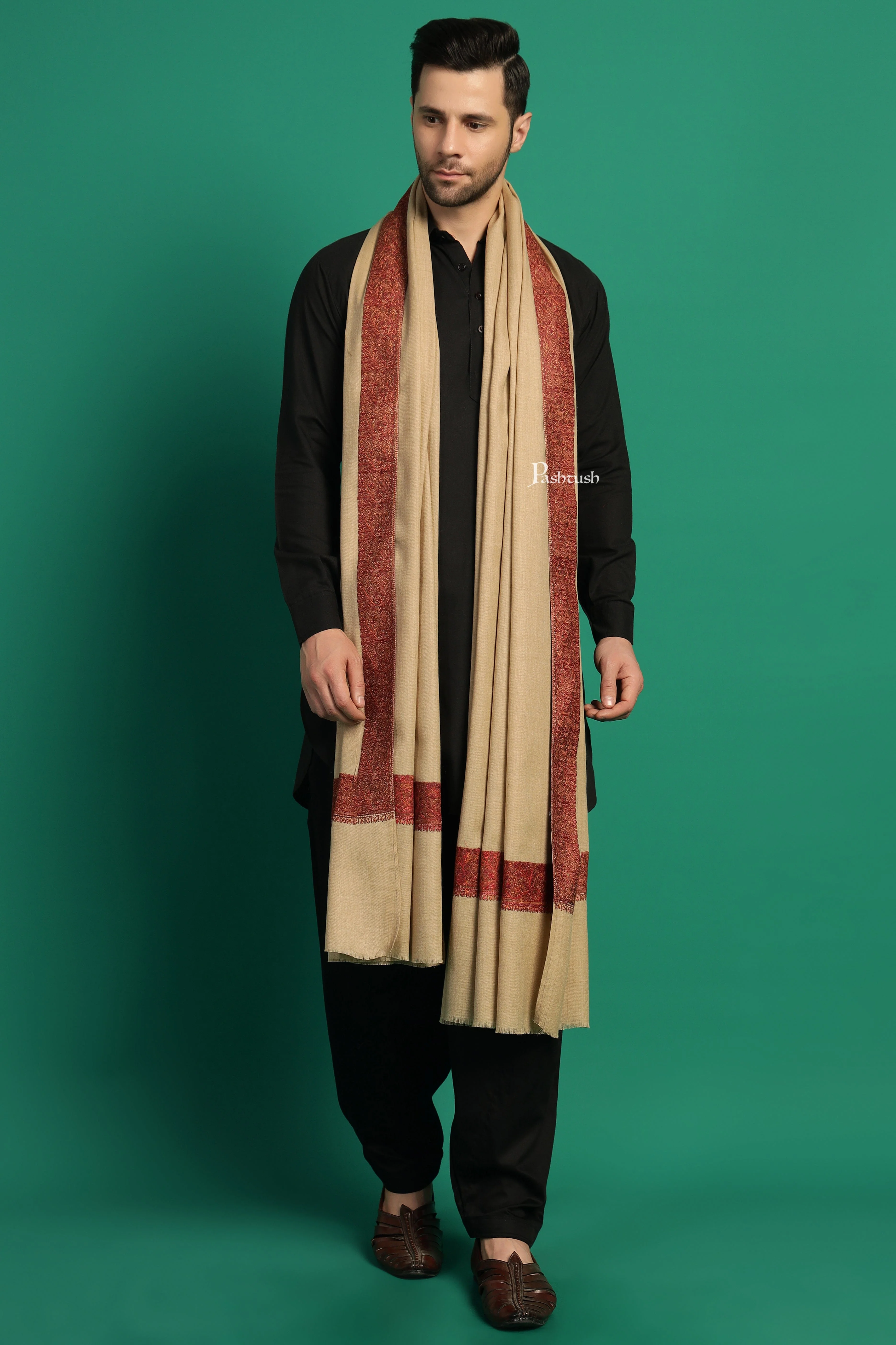Pashtush Mens Fine Wool Shawl, Double Daur Challa Design, Taupe - Image 5
