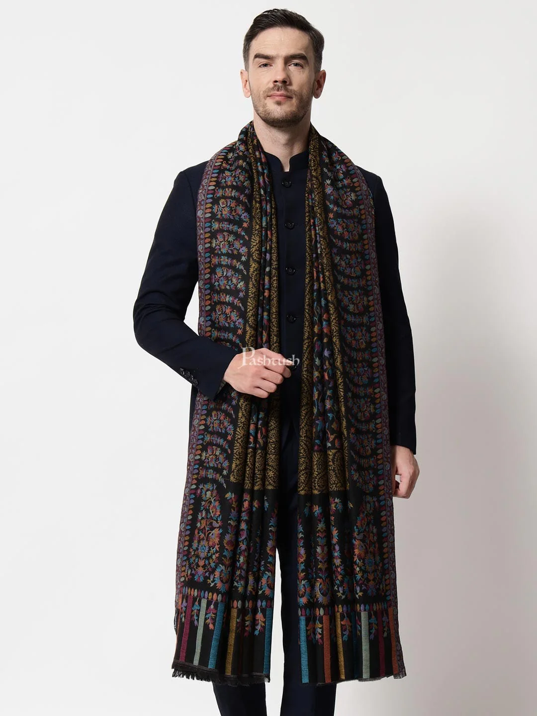 Pashtush mens Fine Wool shawl, Ethnic design, Black, Mens Lohi, Full Size - Image 5