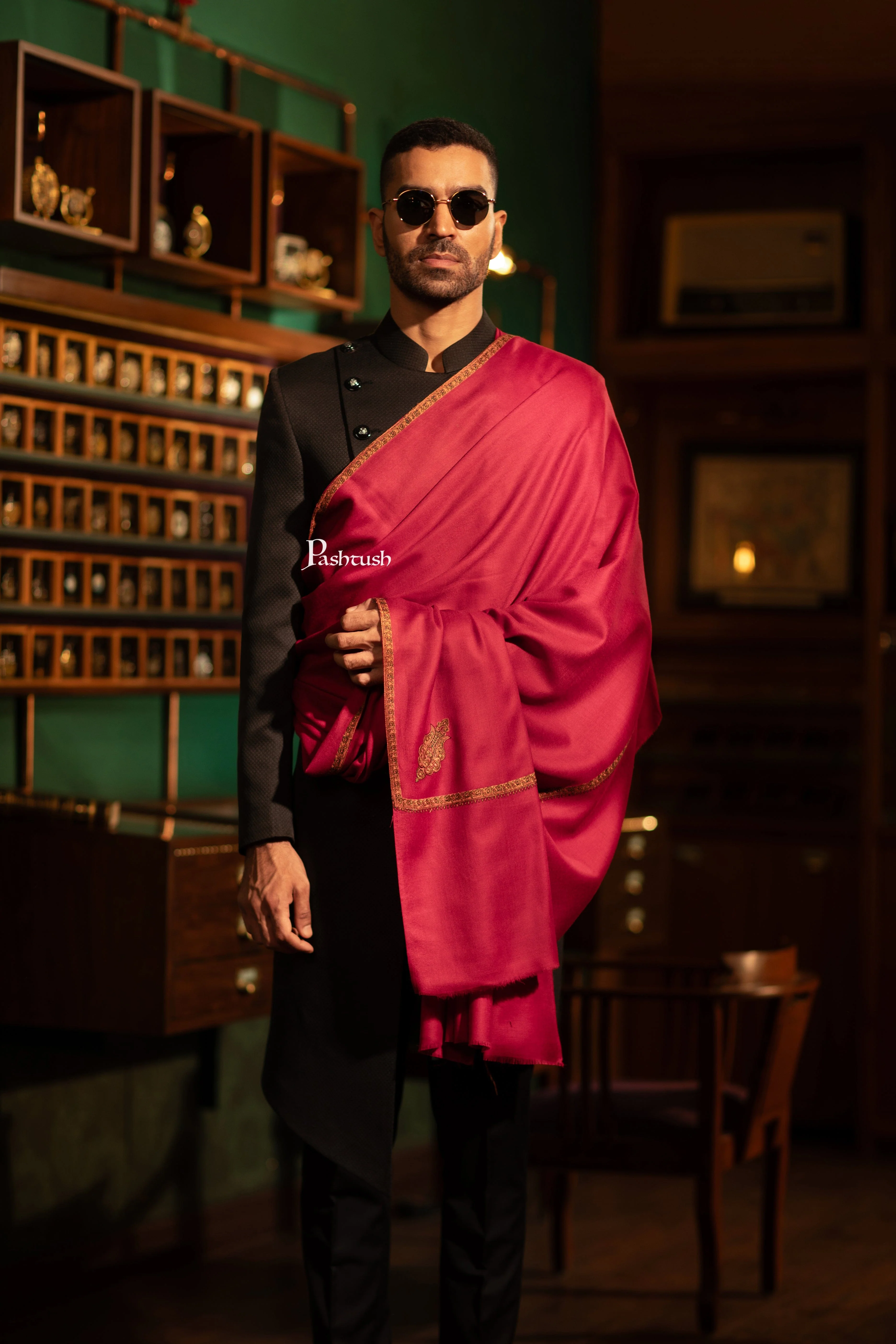 Pashtush Mens Fine Wool Shawl, Full Size, Kingri Border Embroidery Design, Maroon - Image 5