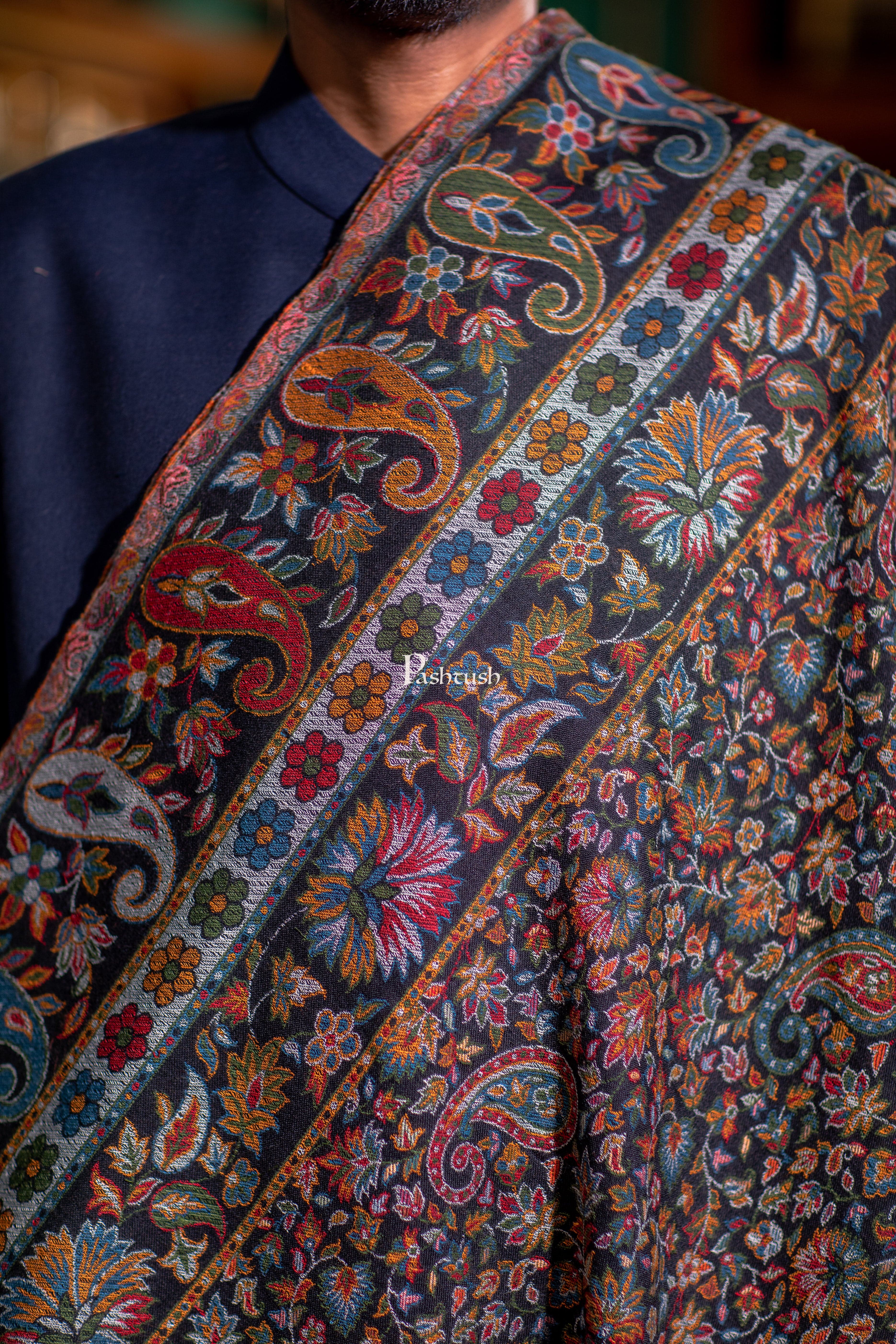 Pashtush Mens Fine Wool Shawl, Woven Ambi Jaal, Ethnic Weave Design, Black - Image 2