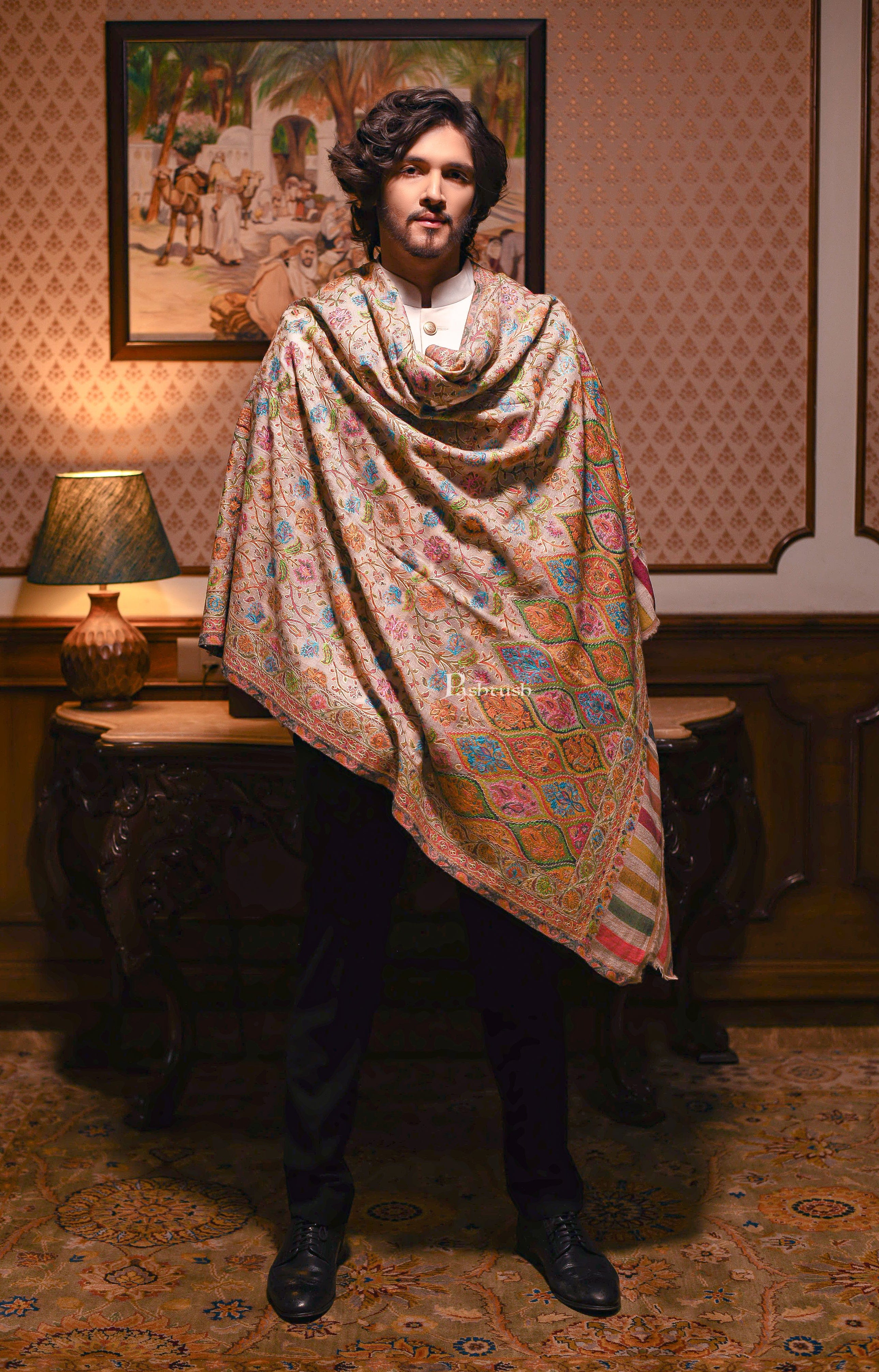 Pashtush mens Fine Wool shawl, Kalamkari design, Mullticolour - Image 2