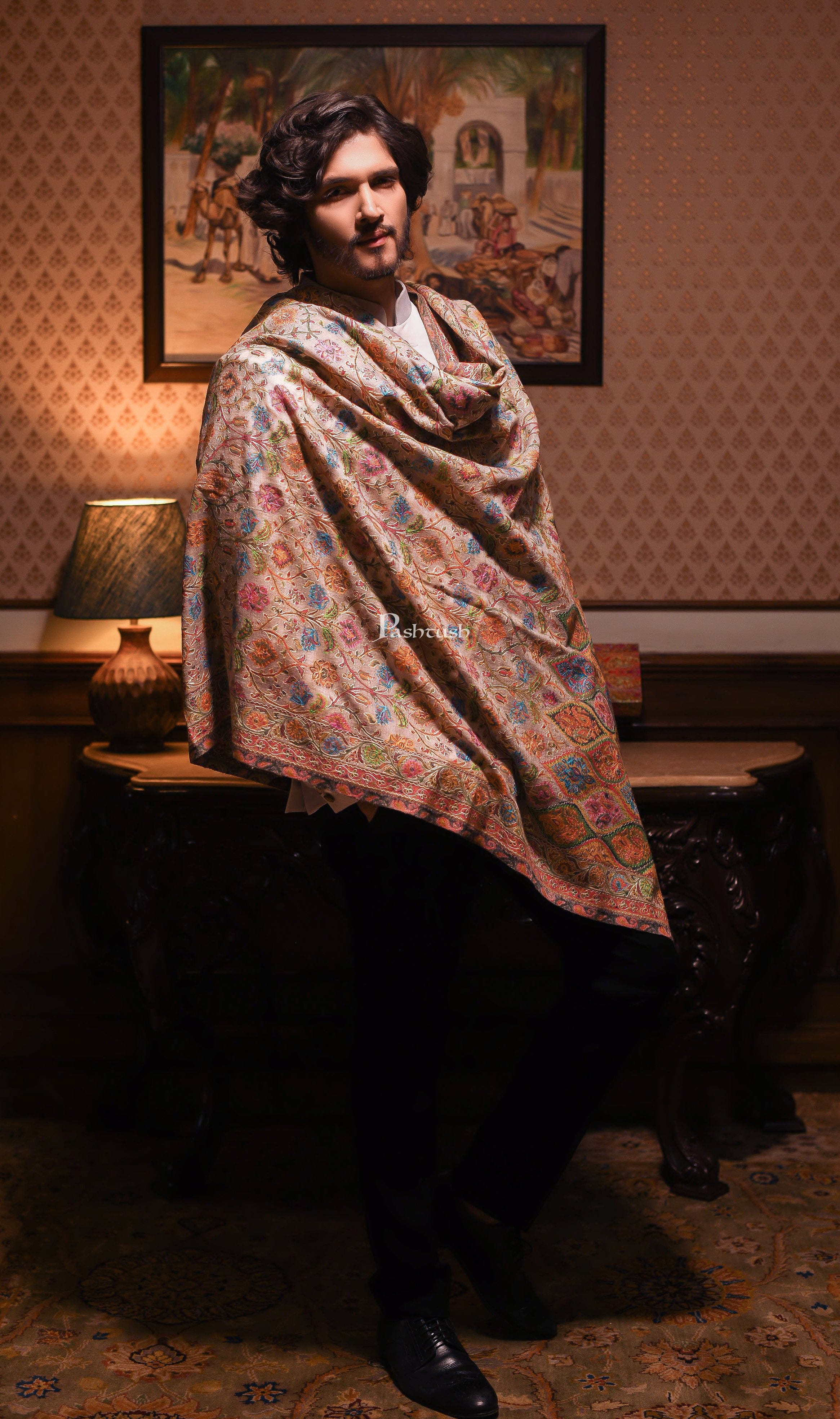 Pashtush mens Fine Wool shawl, Kalamkari design, Mullticolour - Image 3