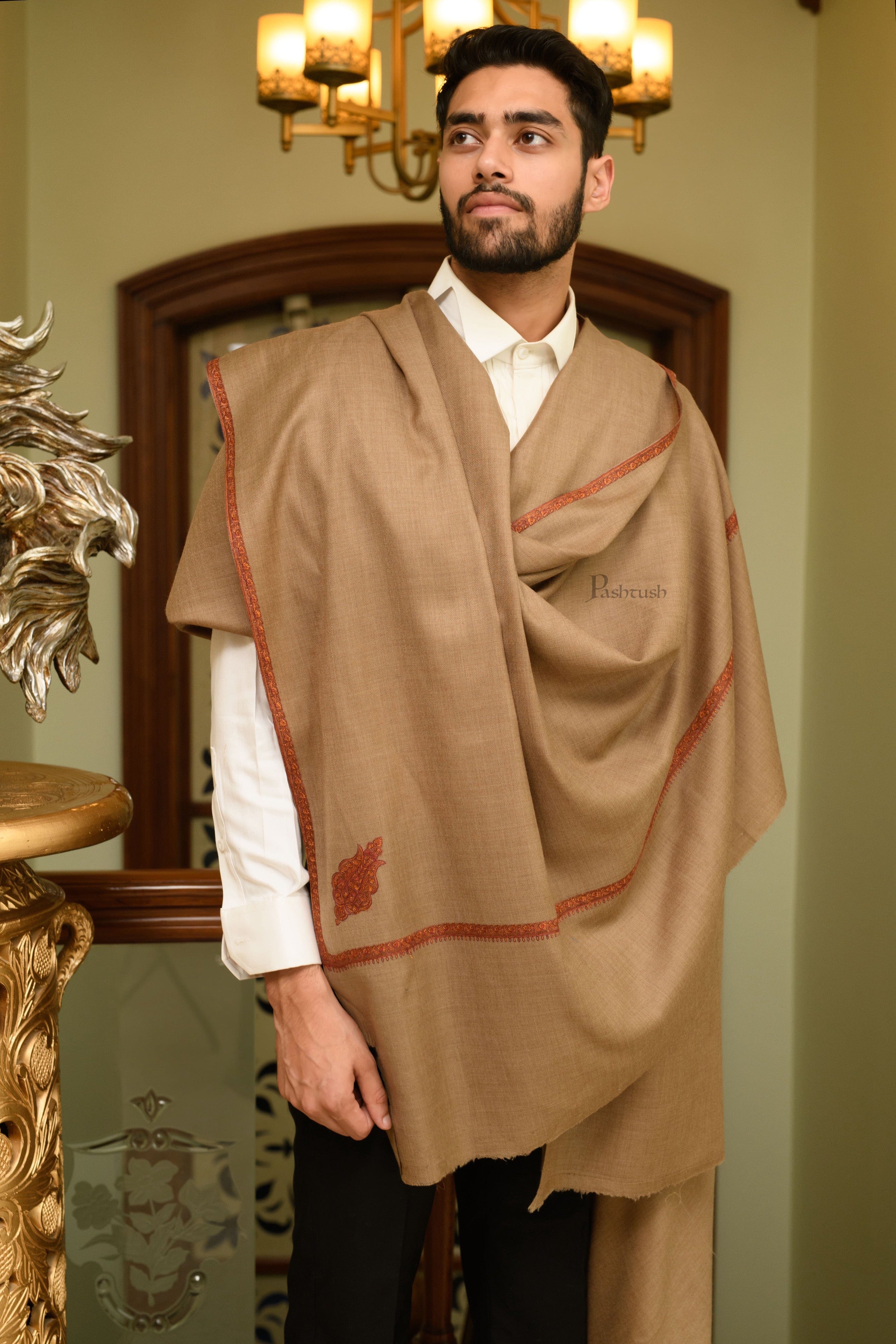 Pashtush Mens Fine Wool Shawl, Kashmiri Border Embroidery, Kingri Design, Taupe - Image 2