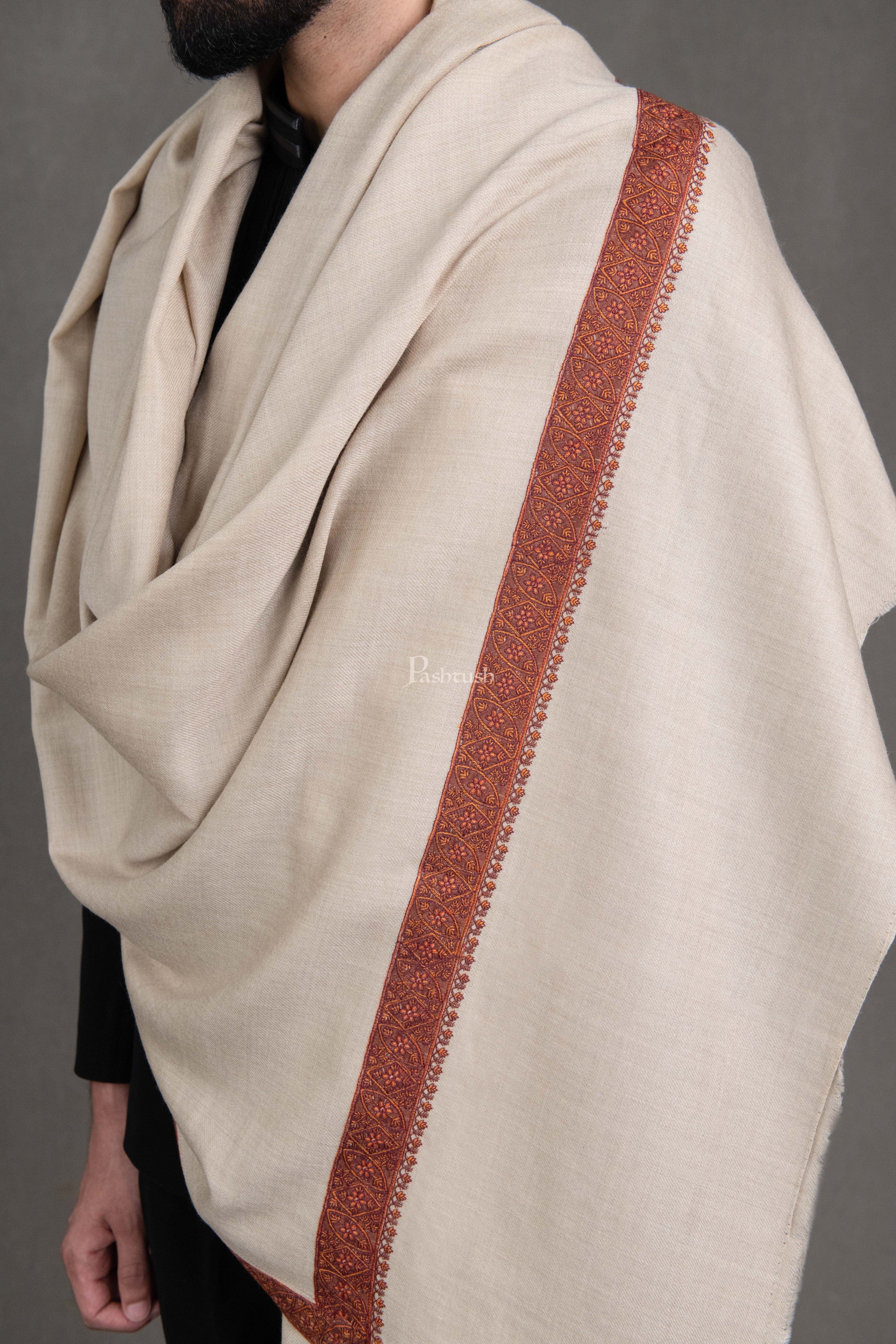 Pashtush Mens Fine Wool Shawl, Kashmiri Neemdaur Embroidery Design, Beige - Image 6