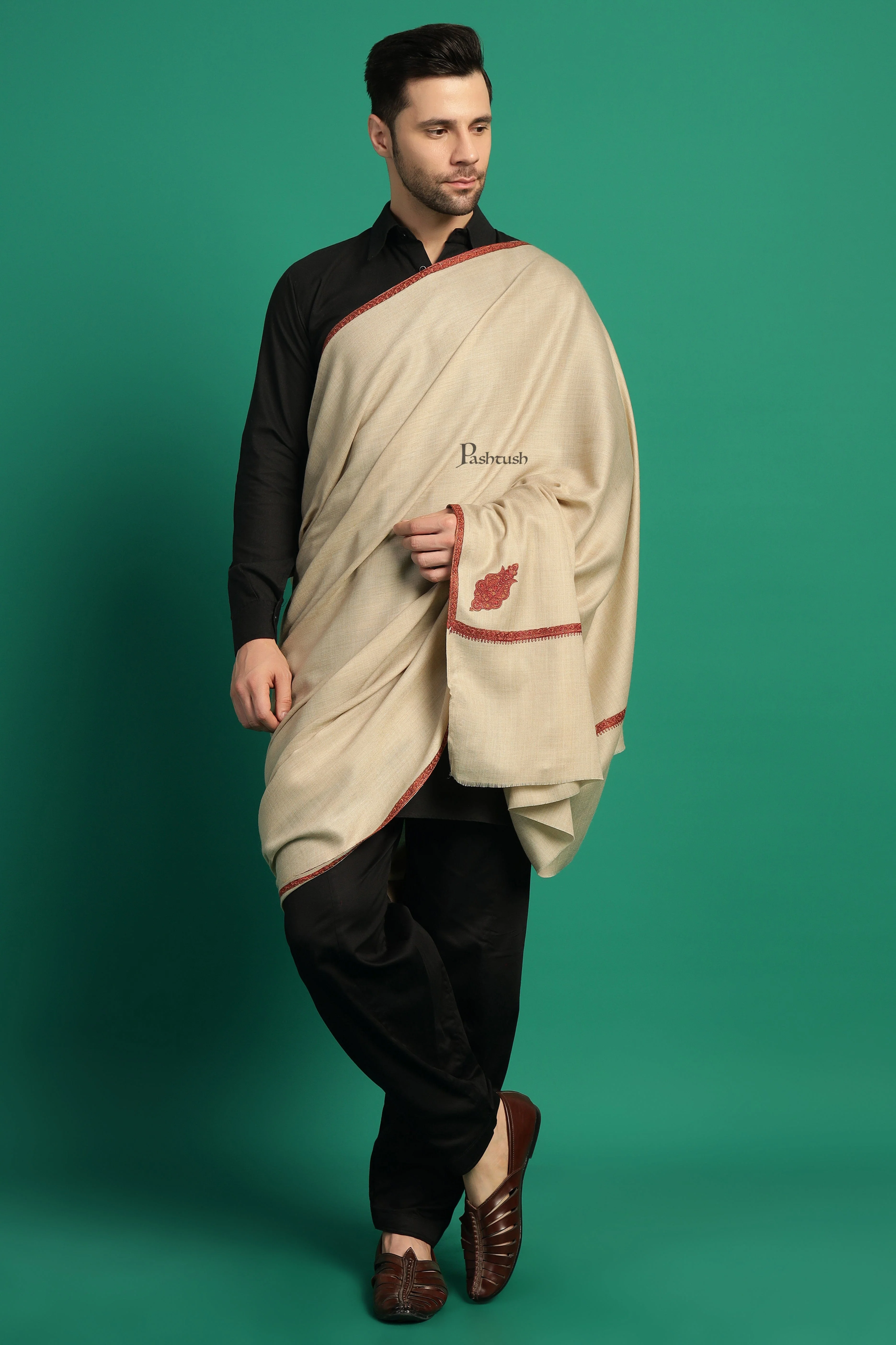 Pashtush Mens Fine Wool Shawl, Kingri Design, Beige - Image 5