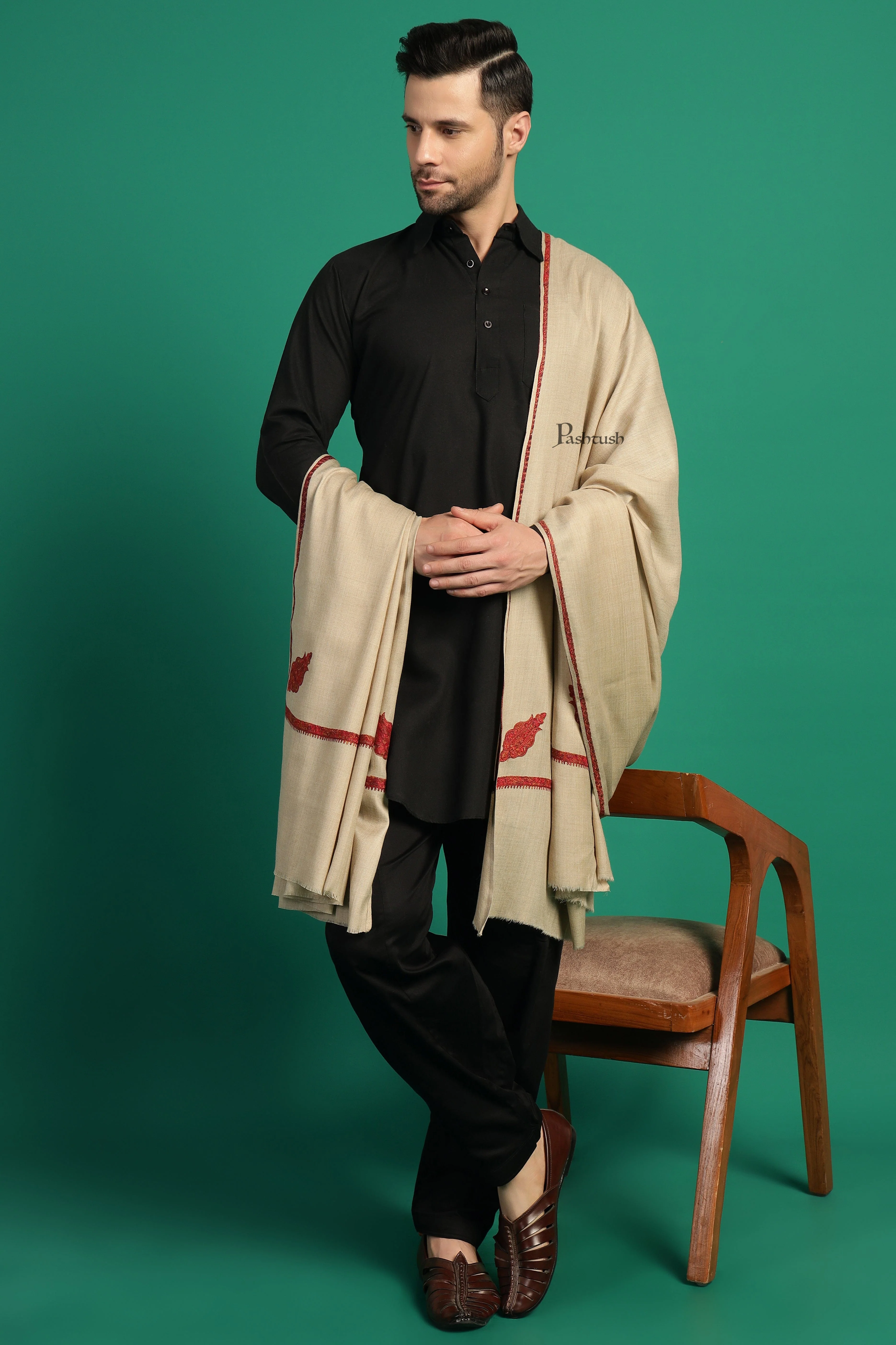 Pashtush Mens Fine Wool Shawl, Kingri Design, Beige - Image 8