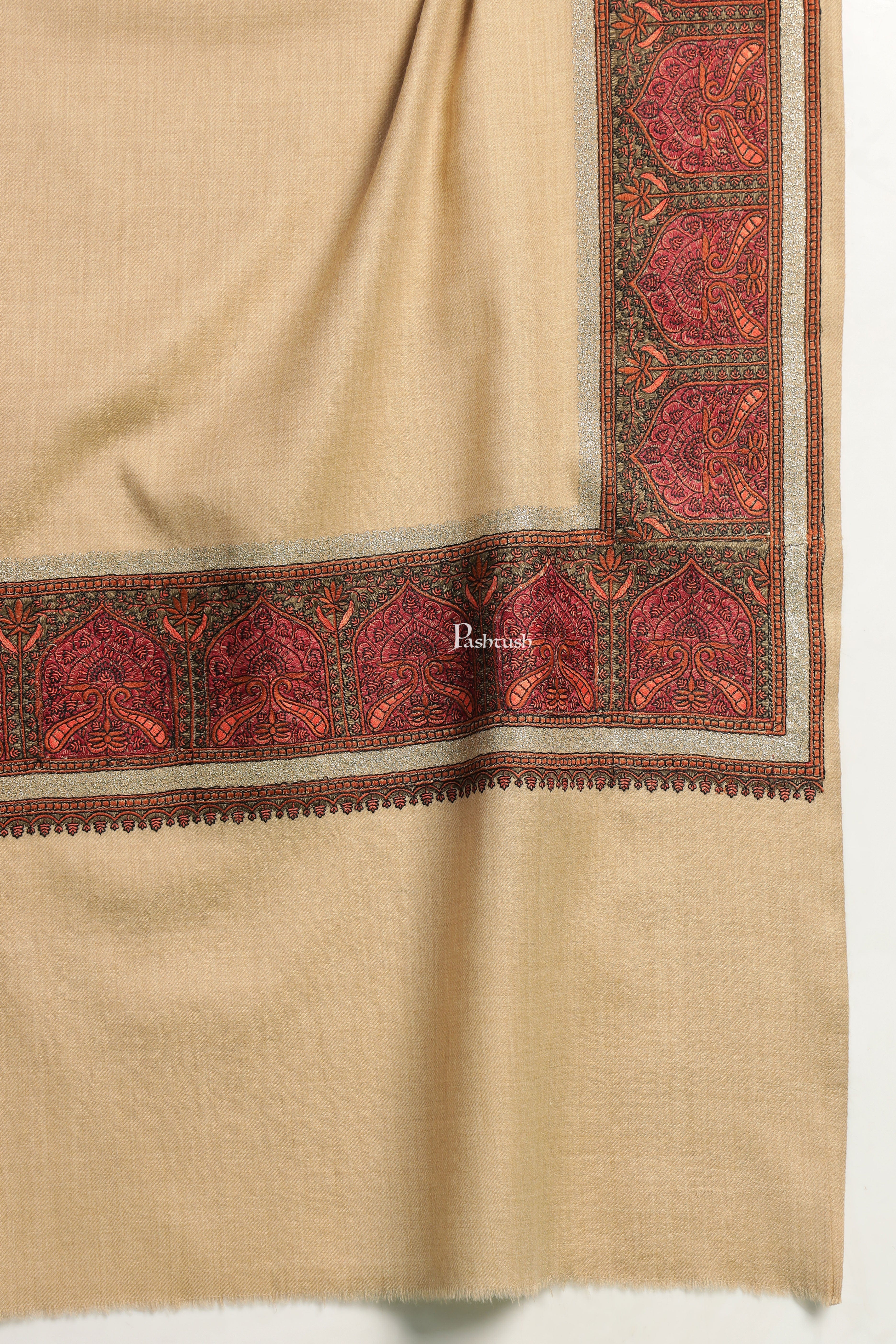 Pashtush Mens Fine Wool Shawl, Metallic Border Design, Beige - Image 2