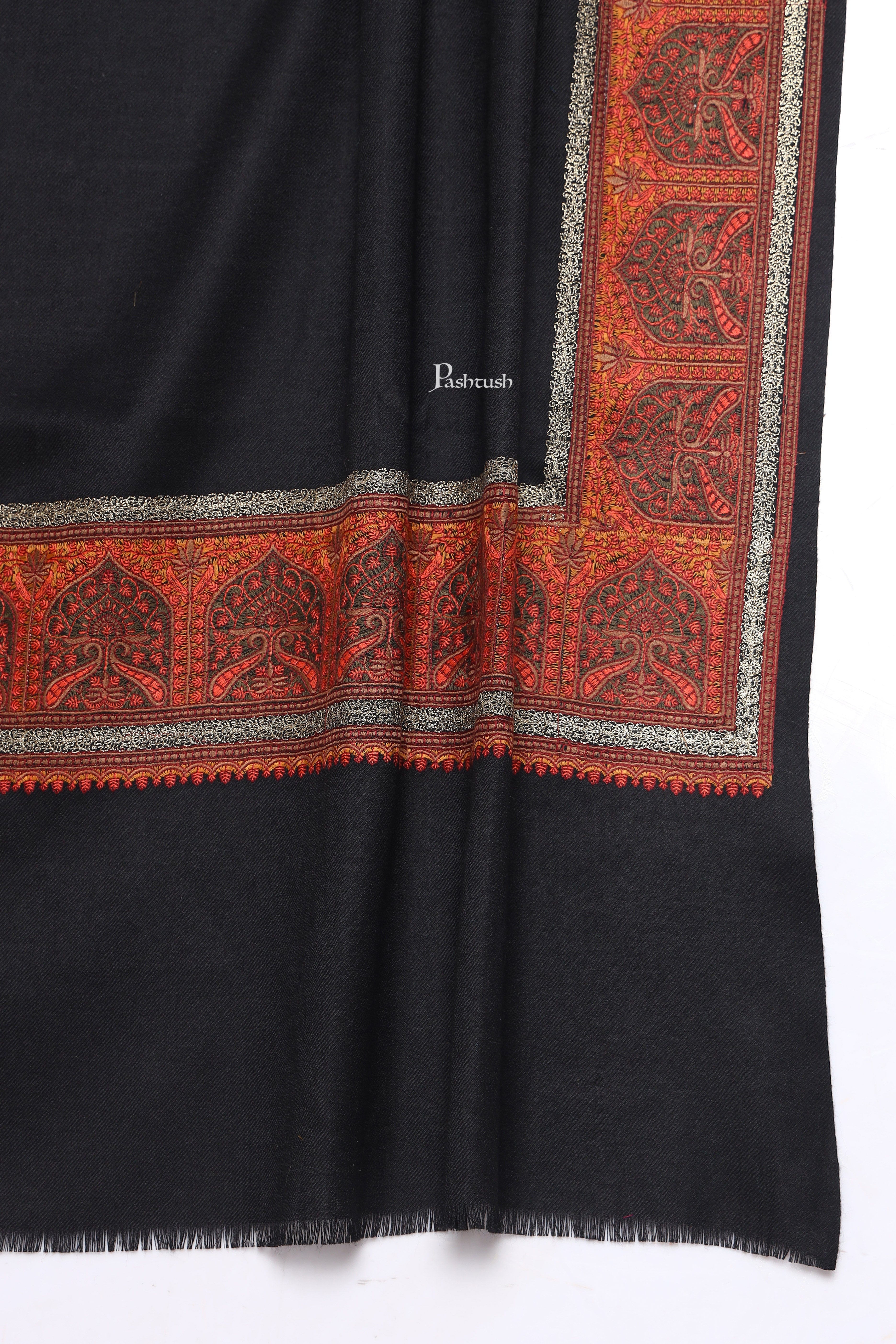 Pashtush Mens Fine Wool Shawl, Metallic Border Design, Black - Image 2