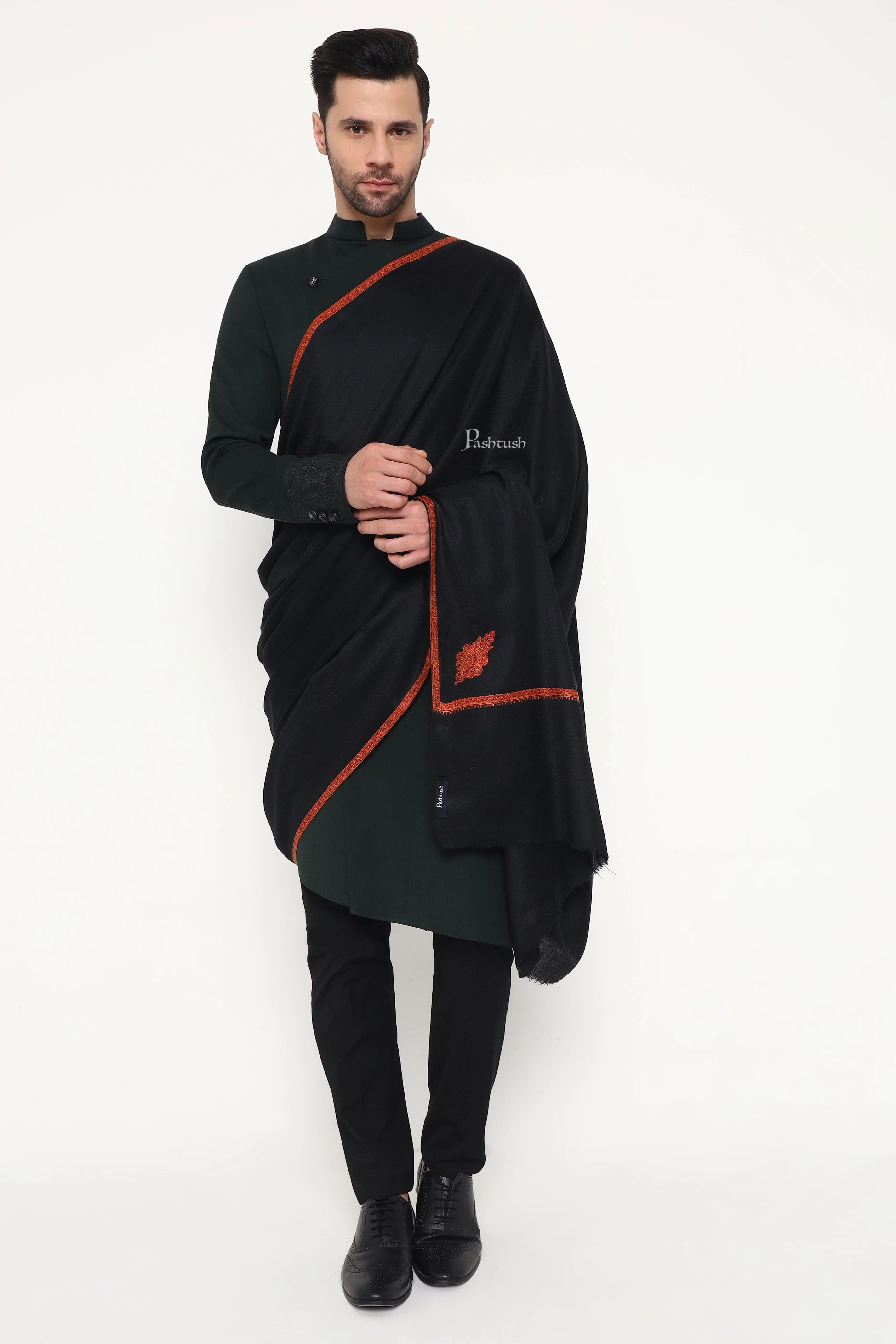 Pashtush Mens Fine Wool Shawl, Paisley Design, Black - Image 3