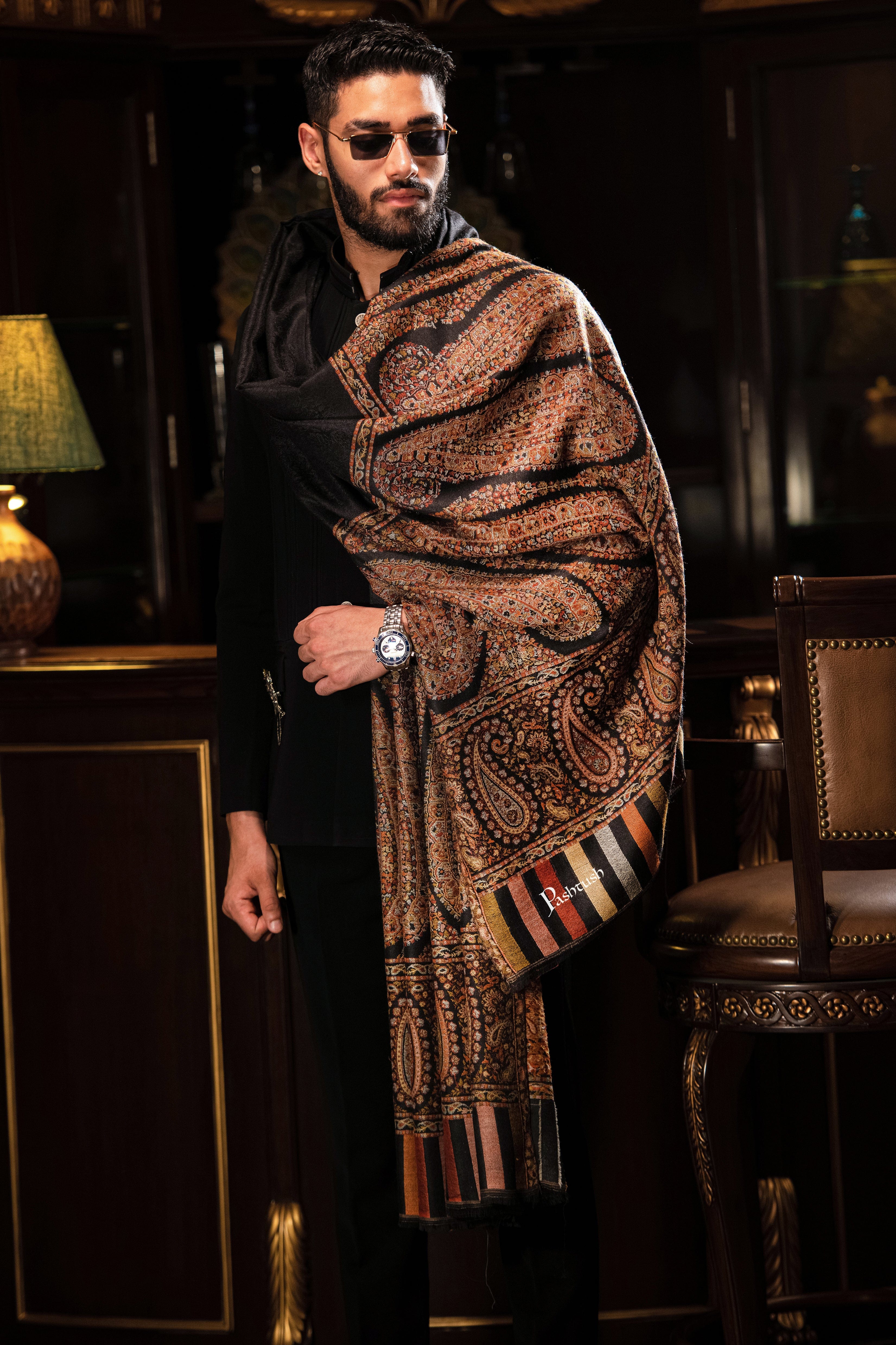 Pashtush Mens Fine Wool Shawl, Royal Collection, Palle-Dar Shawl, With Antique Jama Palla, Black, Full Size - Image 4