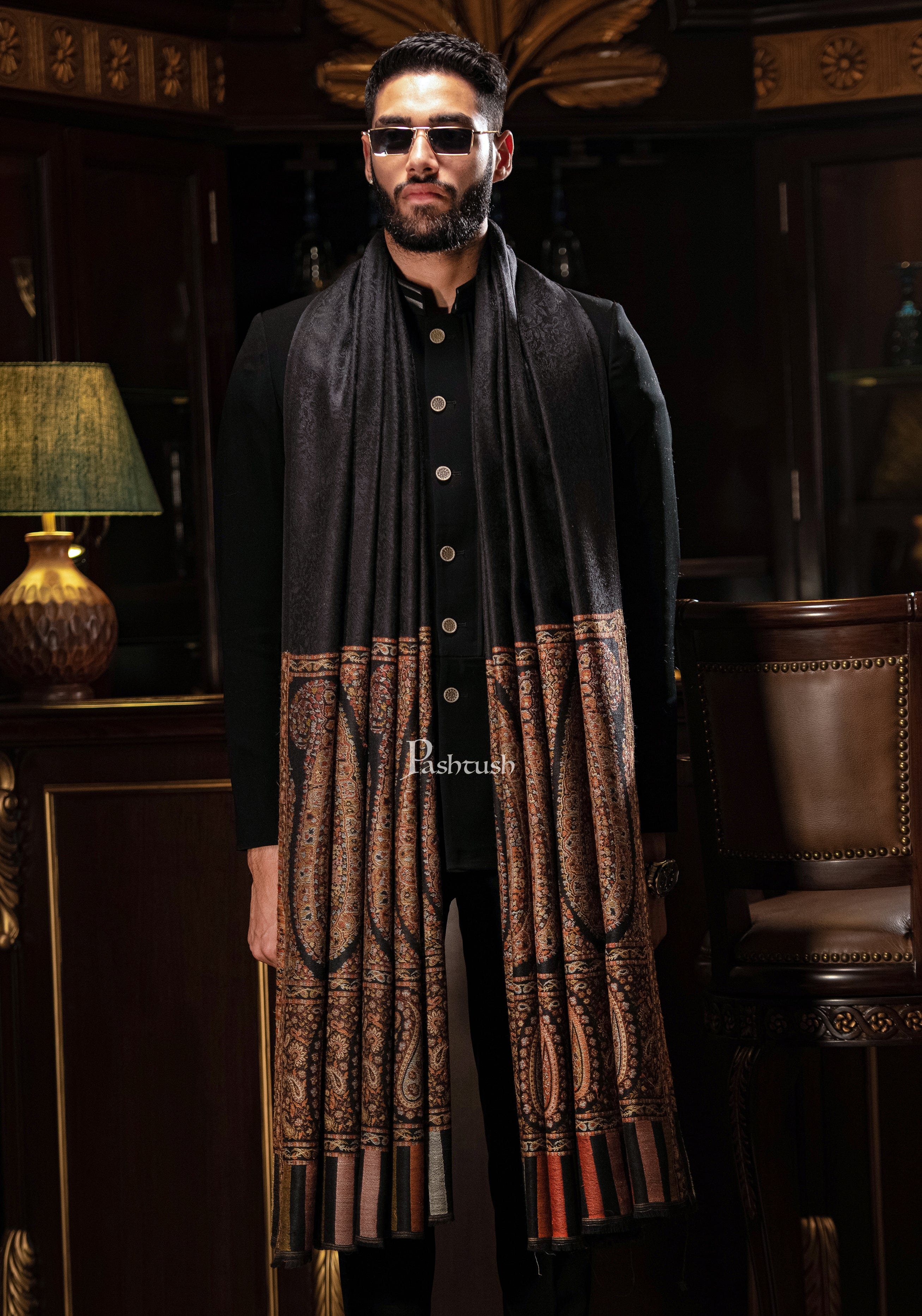 Pashtush Mens Fine Wool Shawl, Royal Collection, Palle-Dar Shawl, With Antique Jama Palla, Black, Full Size - Image 6