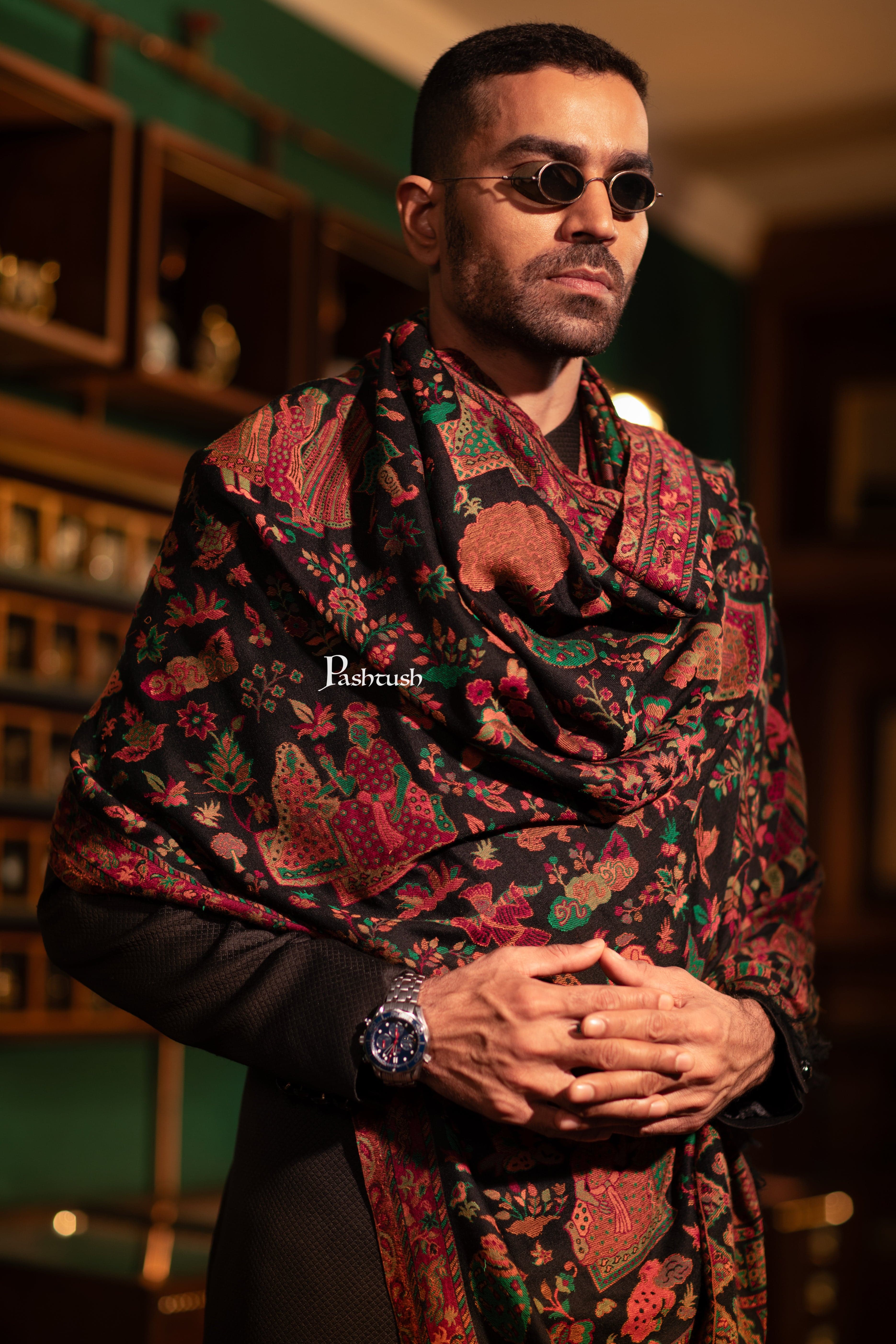 Pashtush Mens Fine Wool Shawl, Royal Darbar Woven Design, Black - Image 6