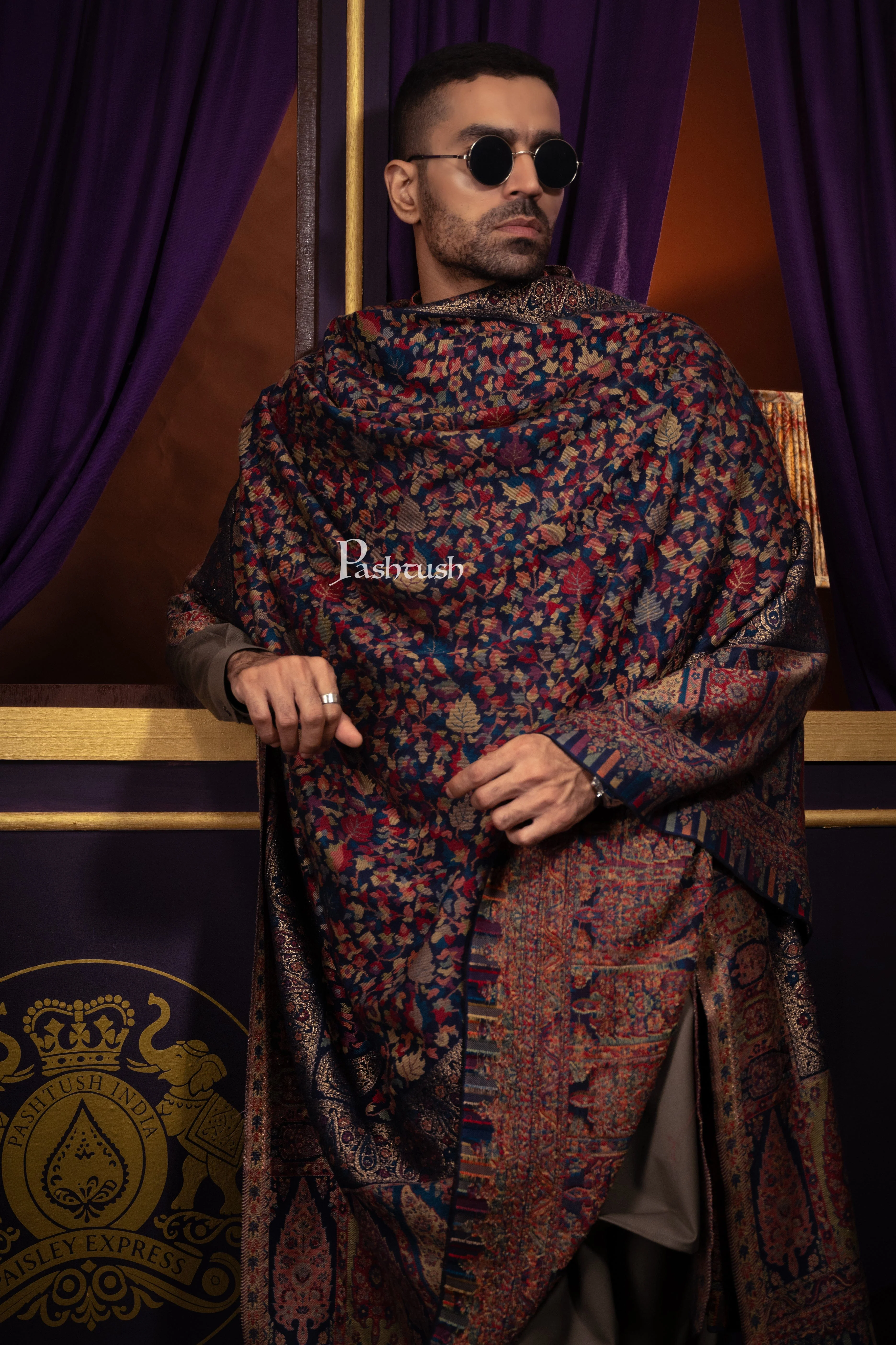 Pashtush Mens Fine Wool Shawl, With Metallic Weave Border Design, Blue