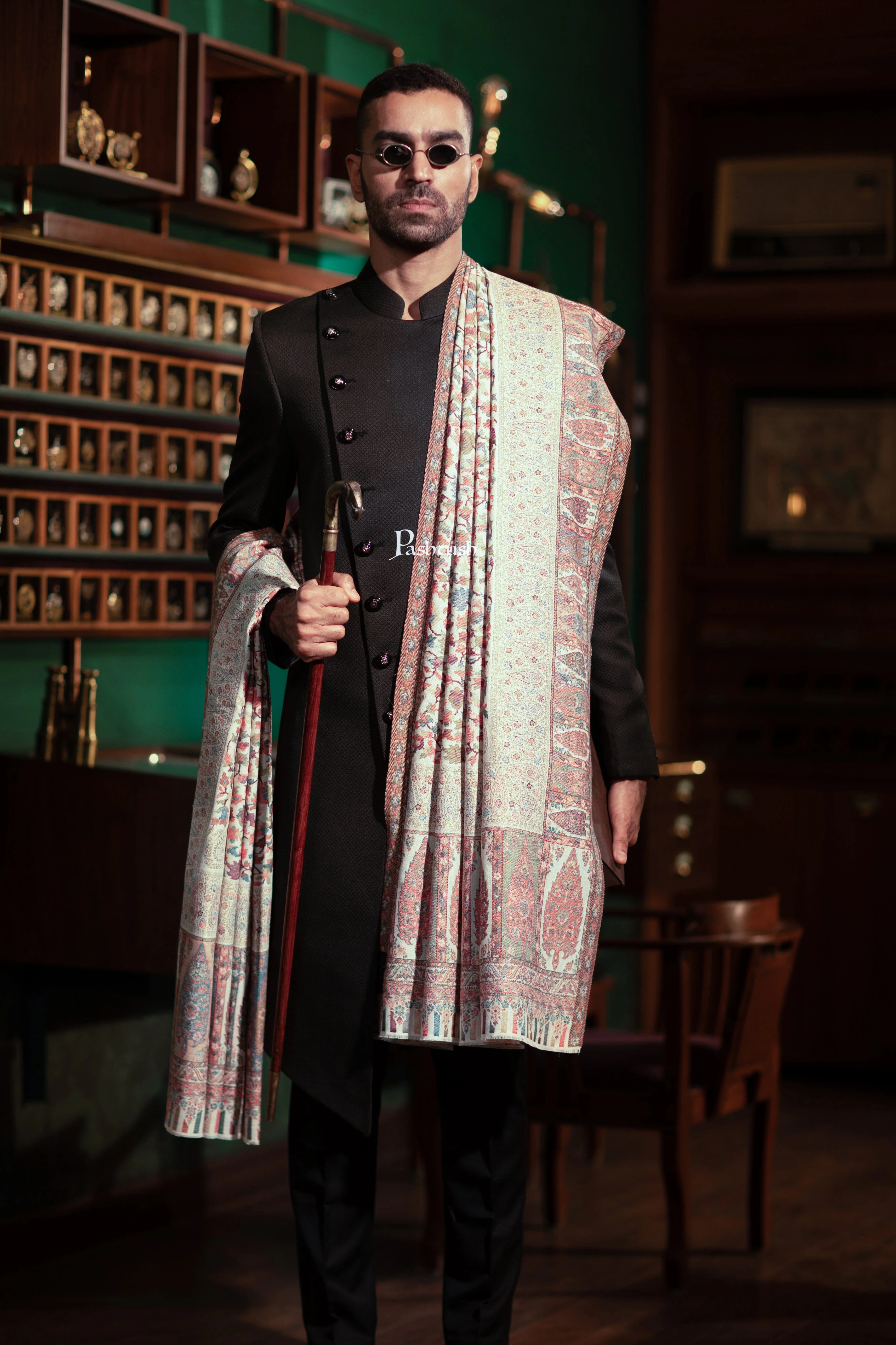 Pashtush Mens Fine Wool Shawl, With Metallic Weave Border Design, Ivory