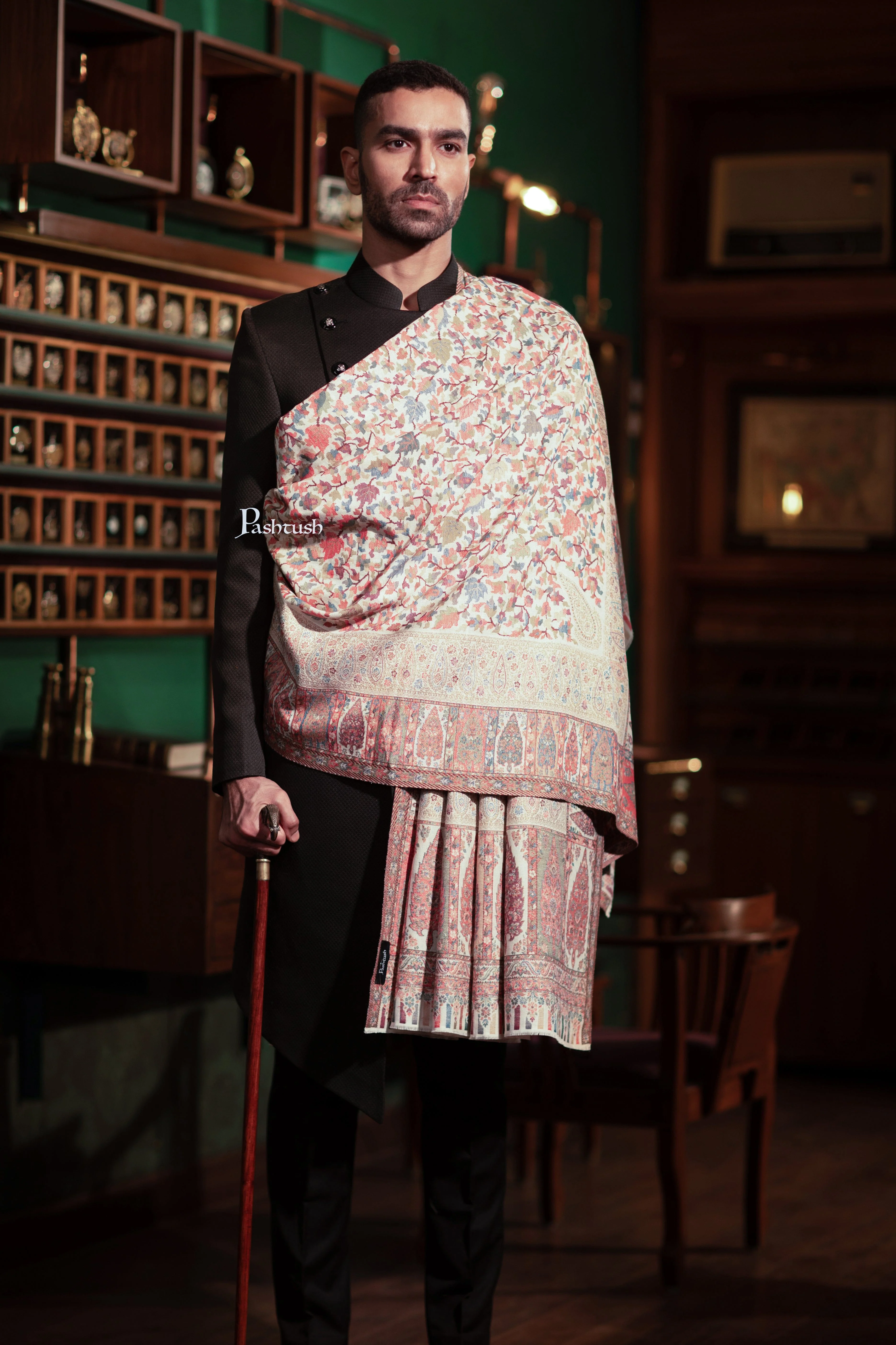 Pashtush Mens Fine Wool Shawl, With Metallic Weave Border Design, Ivory - Image 3