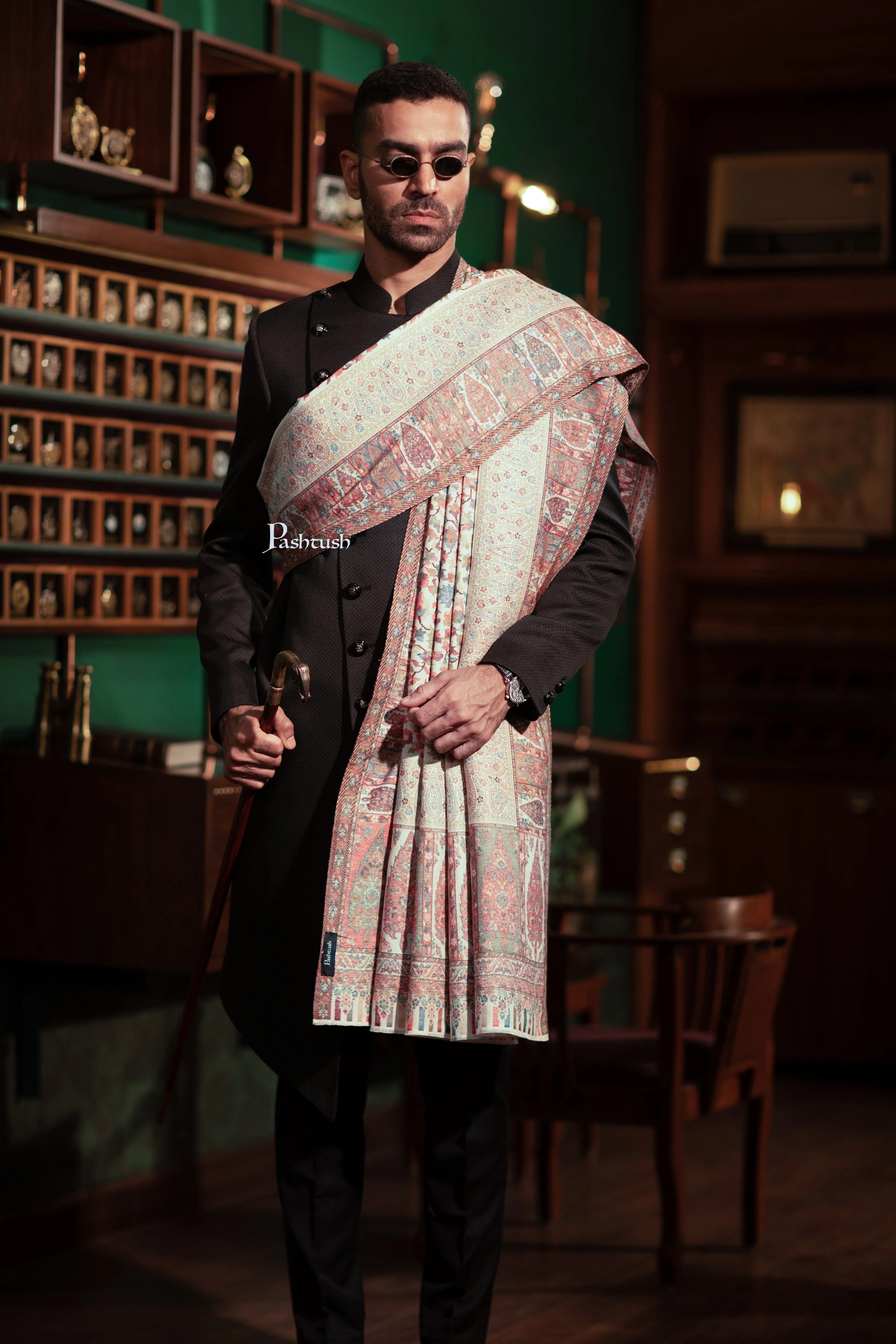 Pashtush Mens Fine Wool Shawl, With Metallic Weave Border Design, Ivory - Image 4