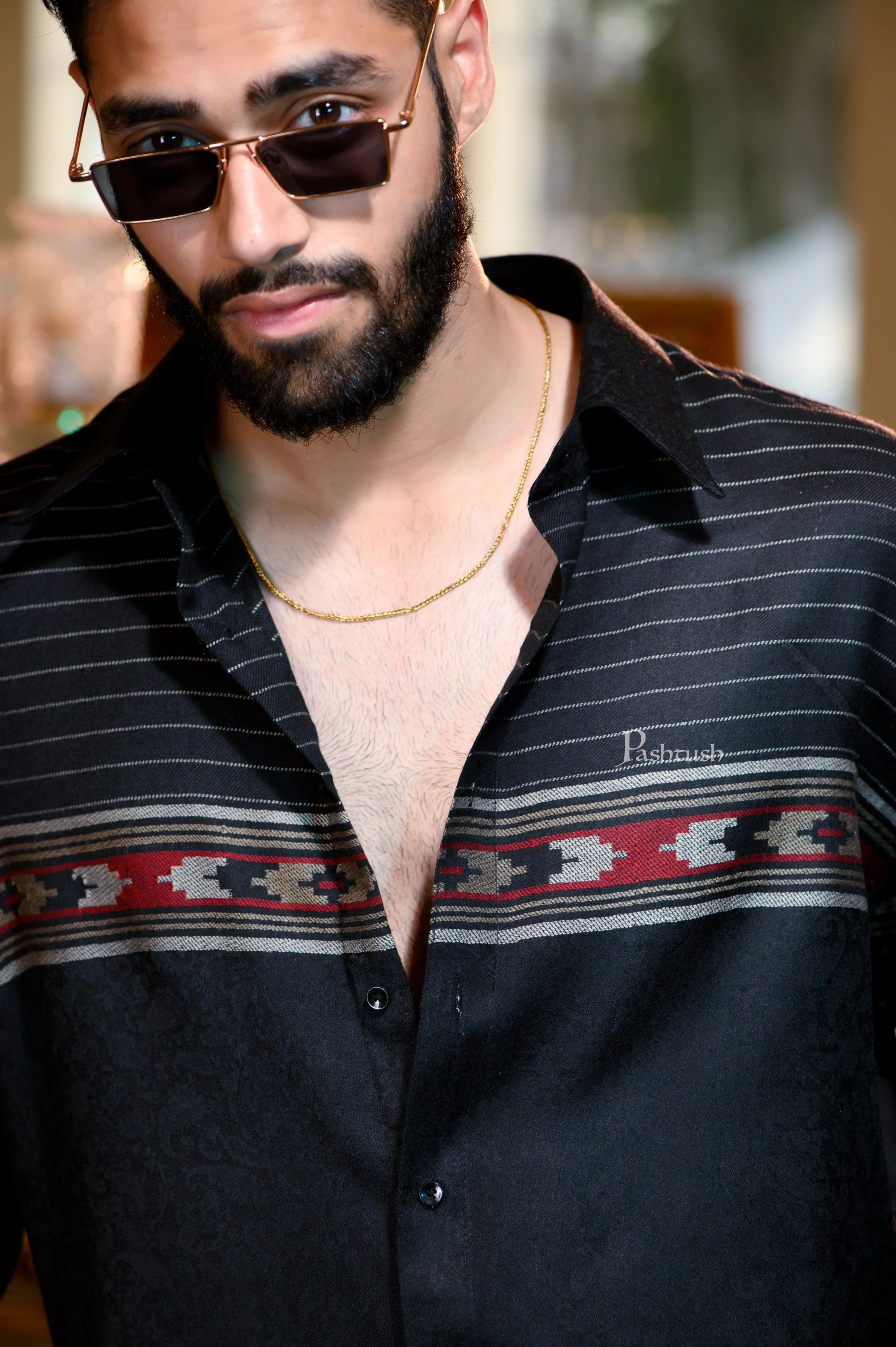 Pashtush Mens Fine Wool Shirt, Ethnic Aztec Weave, Rich Black - Image 5