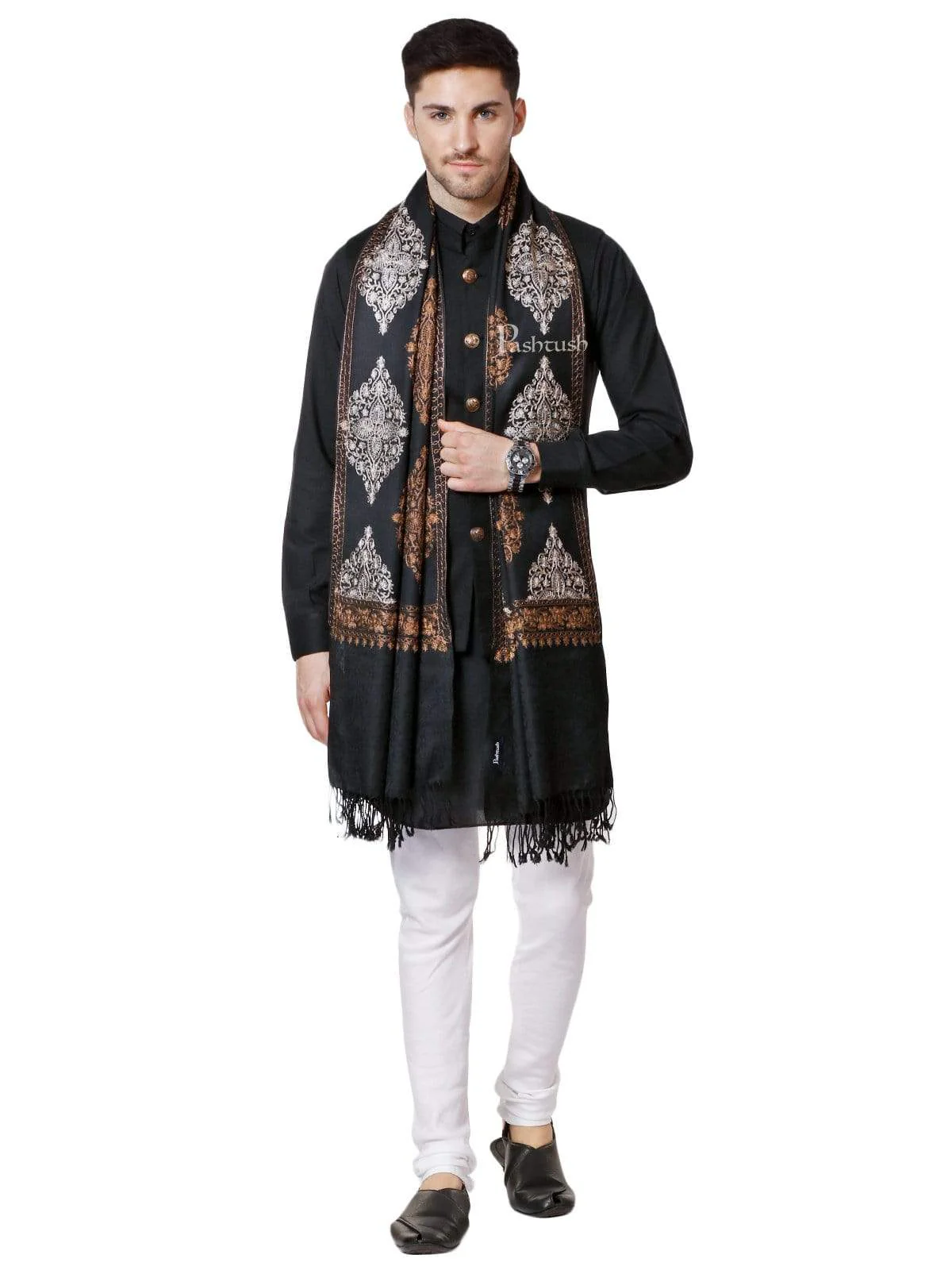 Pashtush Mens Fine Wool, Silky Embroidery Needlework Stole, Black