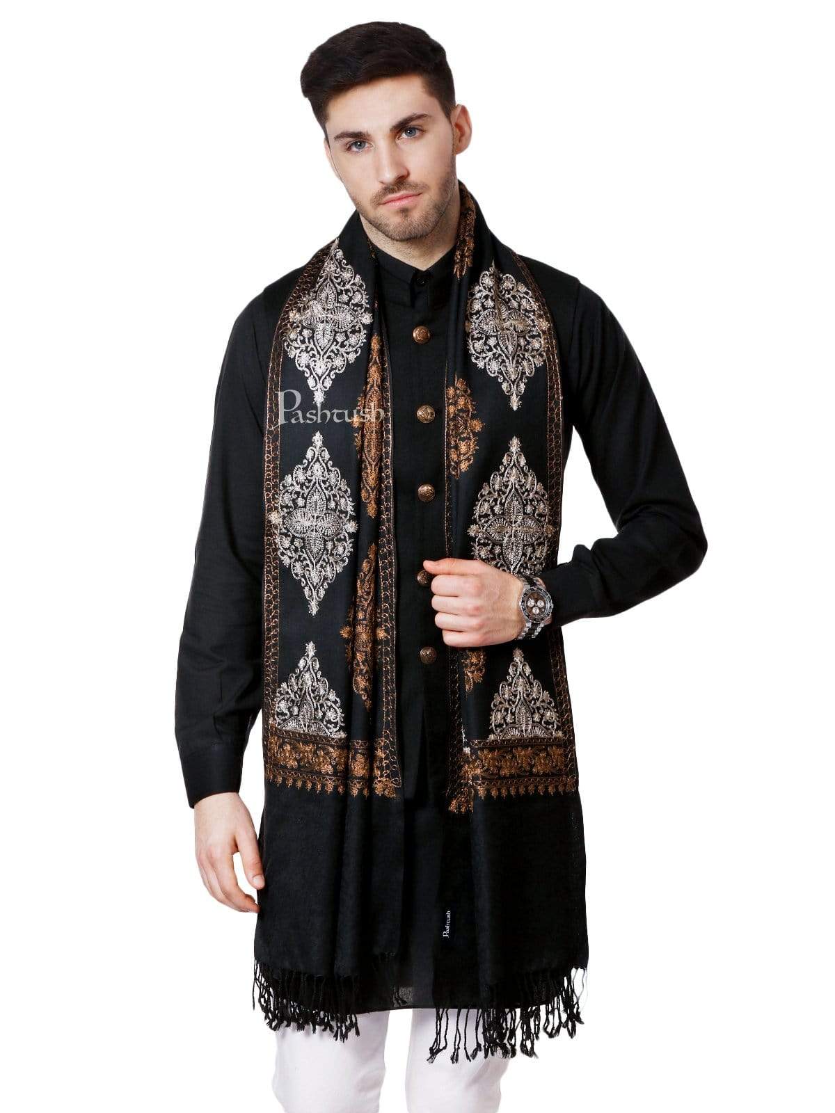Pashtush Mens Fine Wool, Silky Embroidery Needlework Stole, Black - Image 2