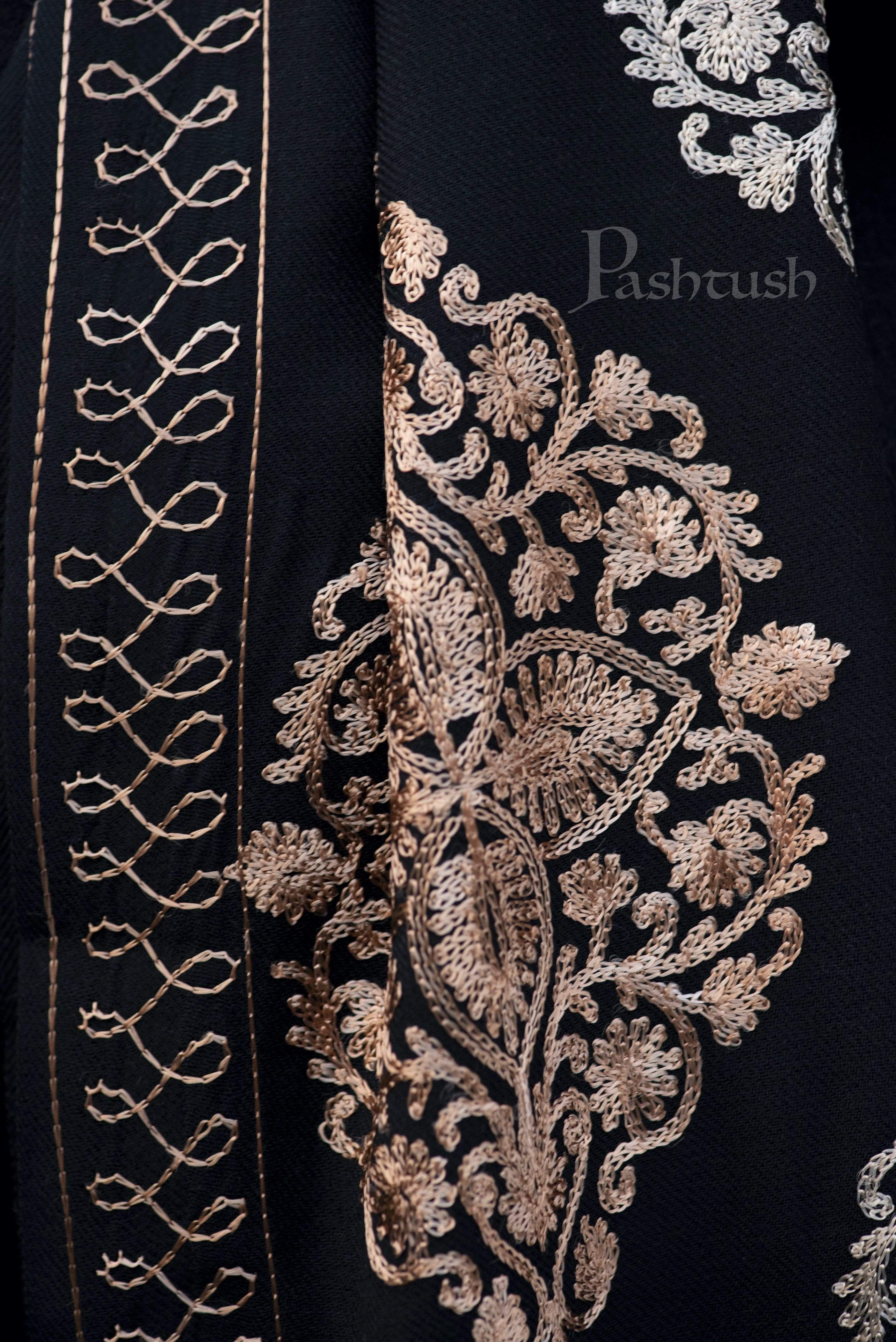 Pashtush Mens Fine Wool, Silky Embroidery Needlework Stole, Black - Image 2