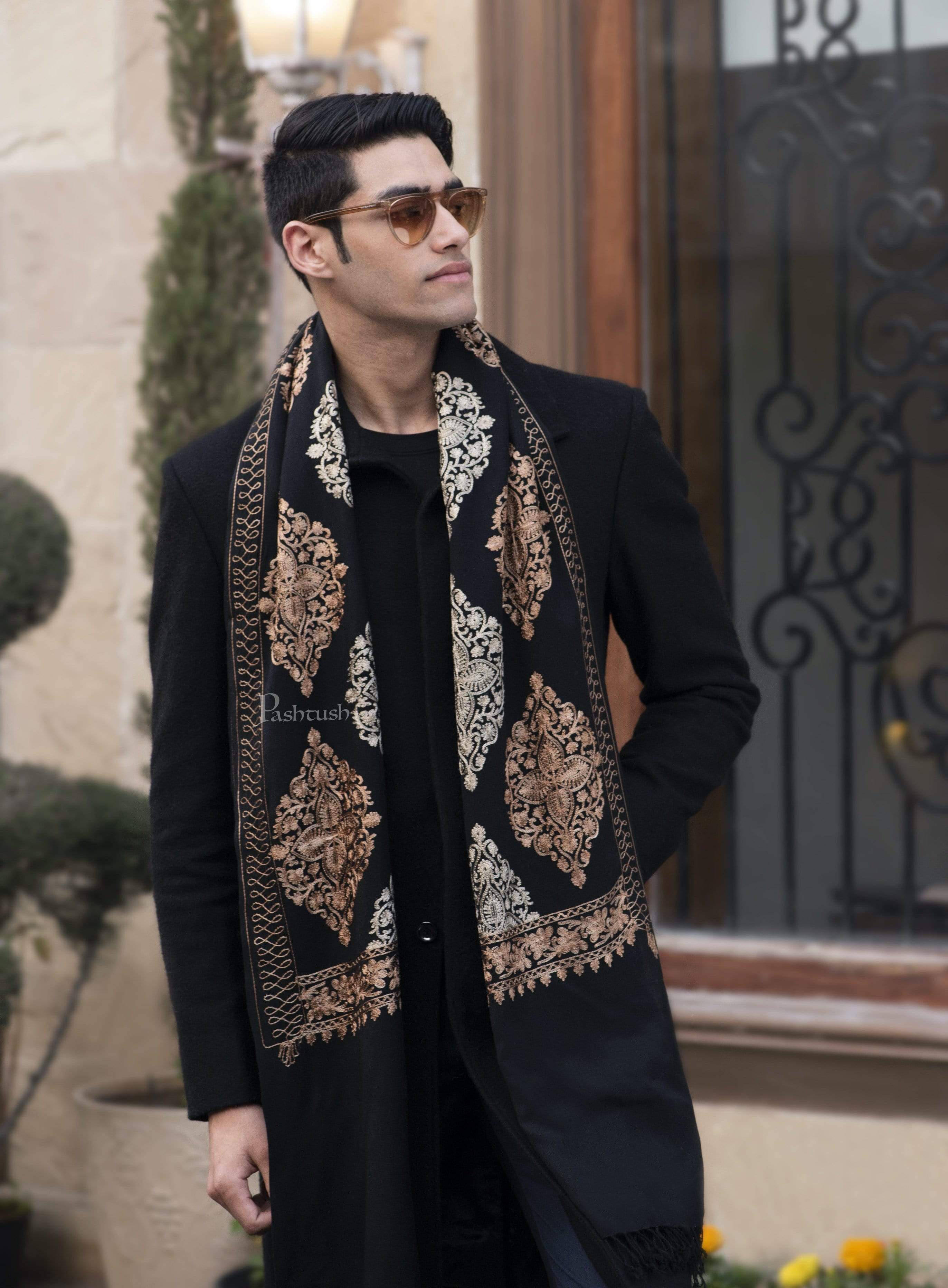 Pashtush Mens Fine Wool, Silky Embroidery Needlework Stole, Black - Image 3