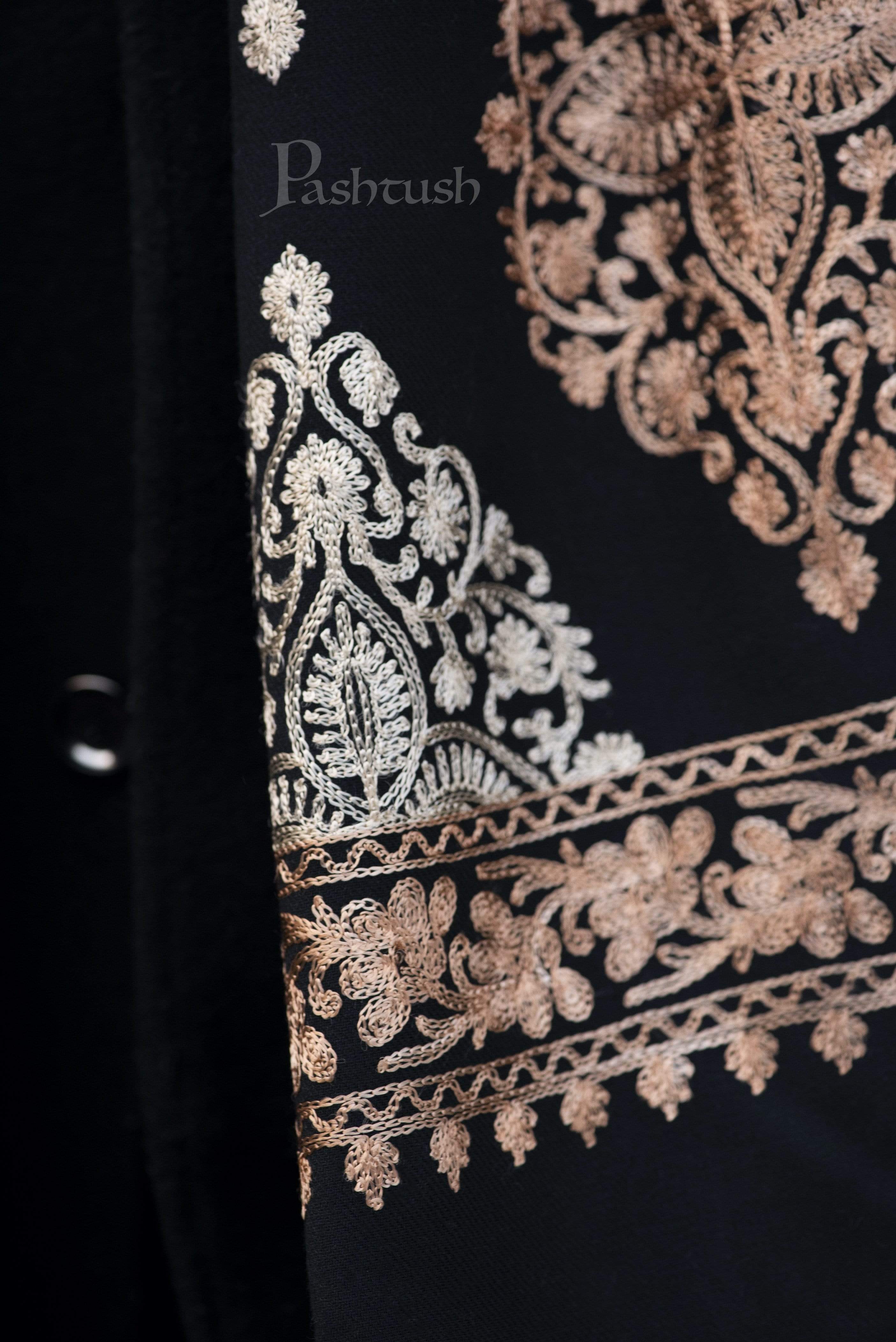 Pashtush Mens Fine Wool, Silky Embroidery Needlework Stole, Black - Image 4