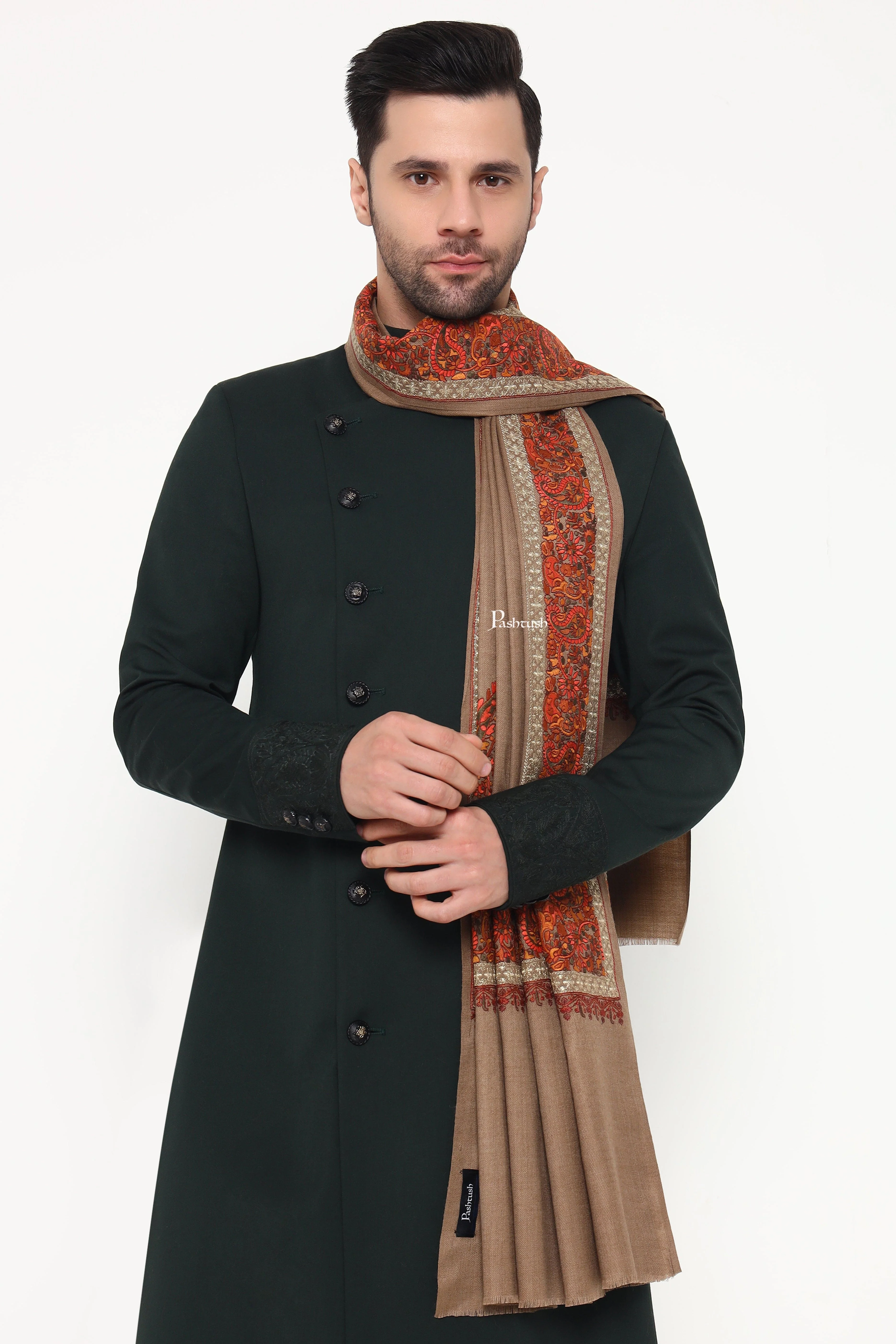 Pashtush Mens Fine Wool Stole, Challa Daur With Metallic Detailing Design, Taupe - Image 6