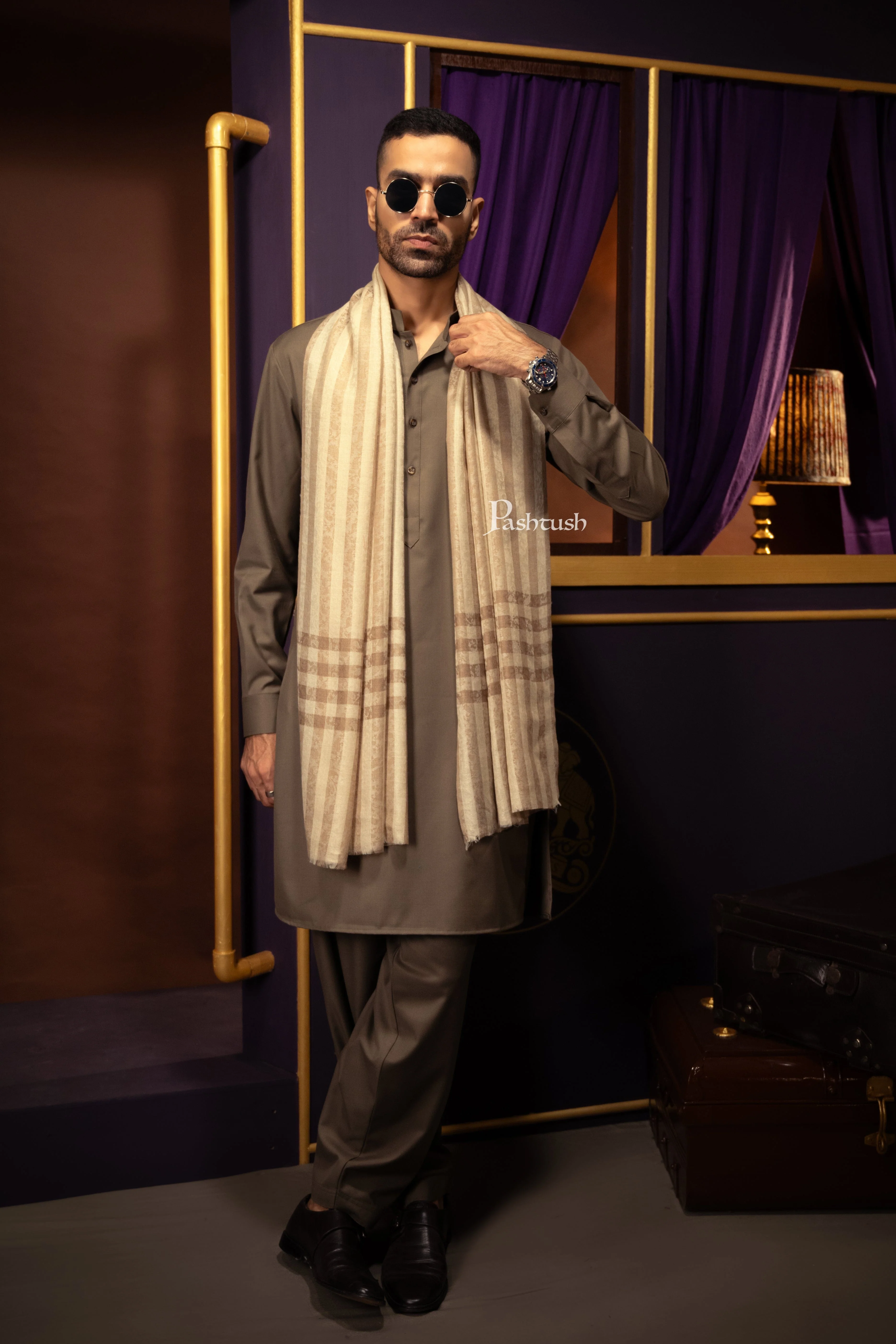 Pashtush Mens Fine Wool Stole, Check Stripe Woven Design, Beige - Image 3