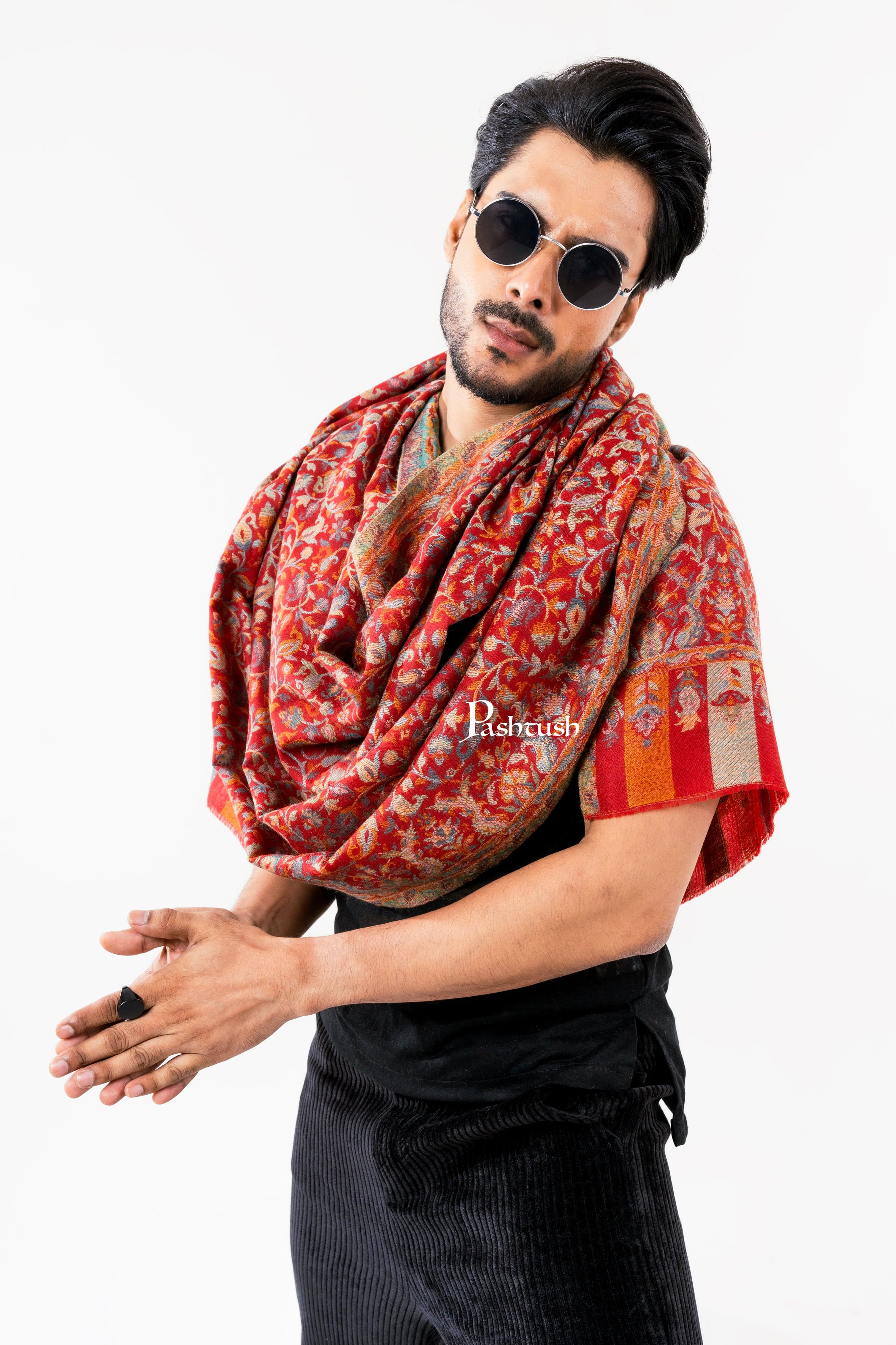 Pashtush Mens Fine Wool Stole, Ethnic Weave Design, Luxury Garnet - Image 2