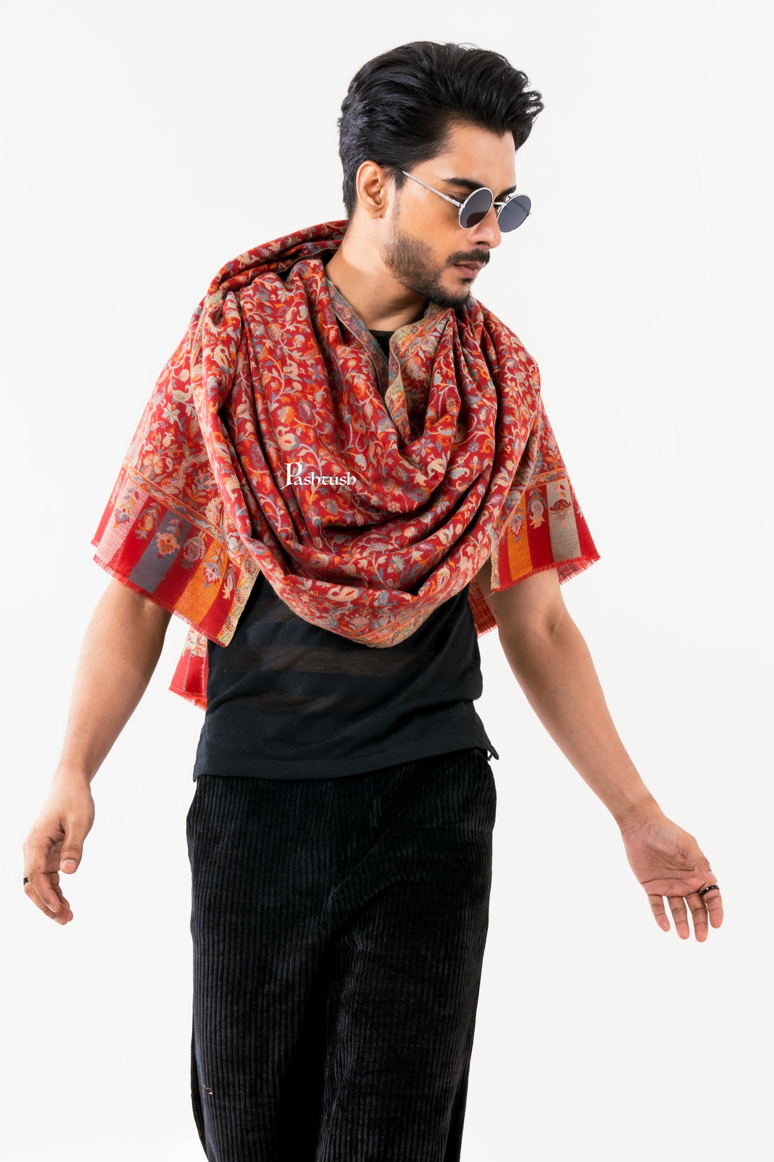 Pashtush Mens Fine Wool Stole, Ethnic Weave Design, Luxury Garnet - Image 3