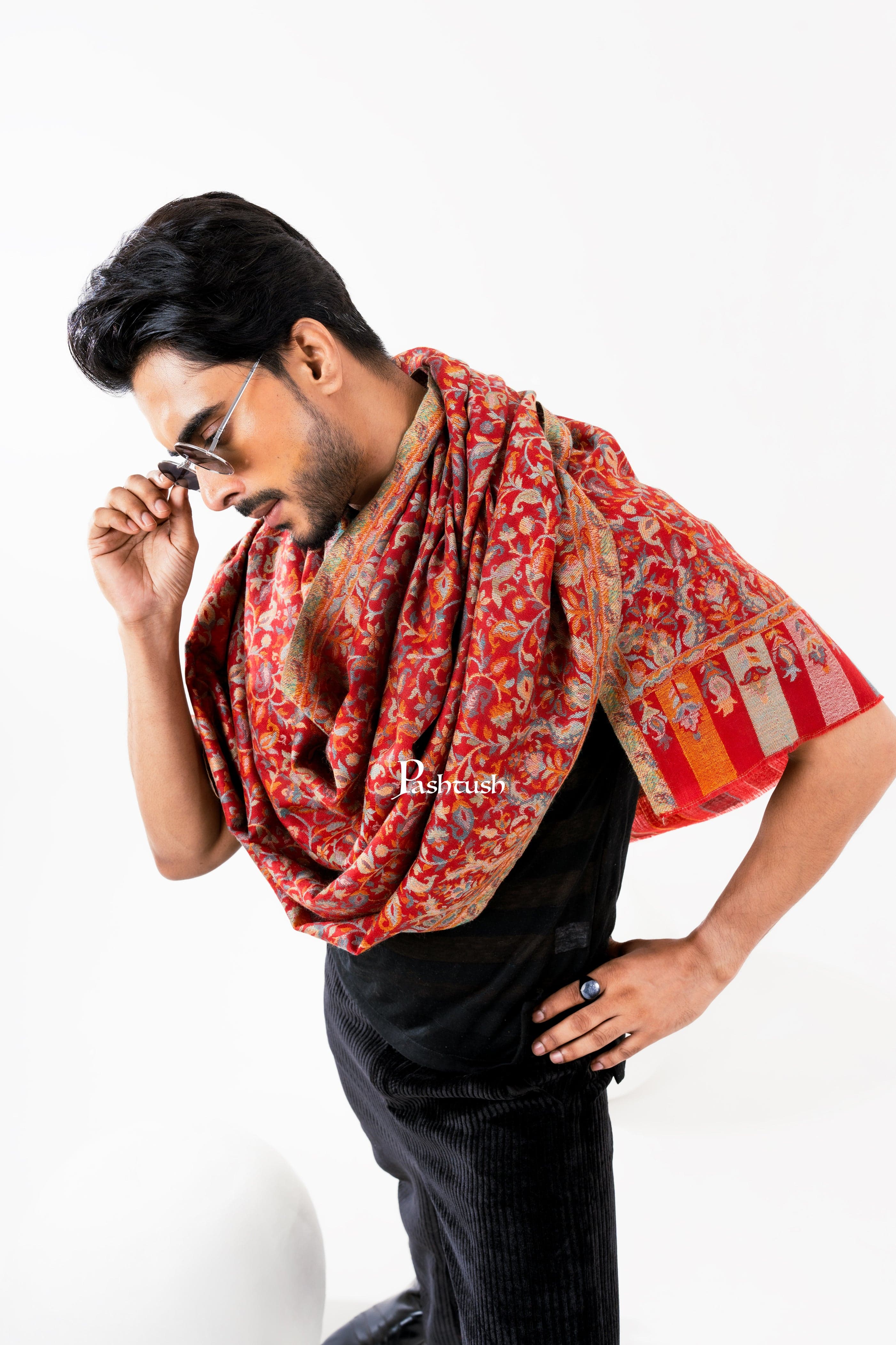 Pashtush Mens Fine Wool Stole, Ethnic Weave Design, Luxury Garnet - Image 5
