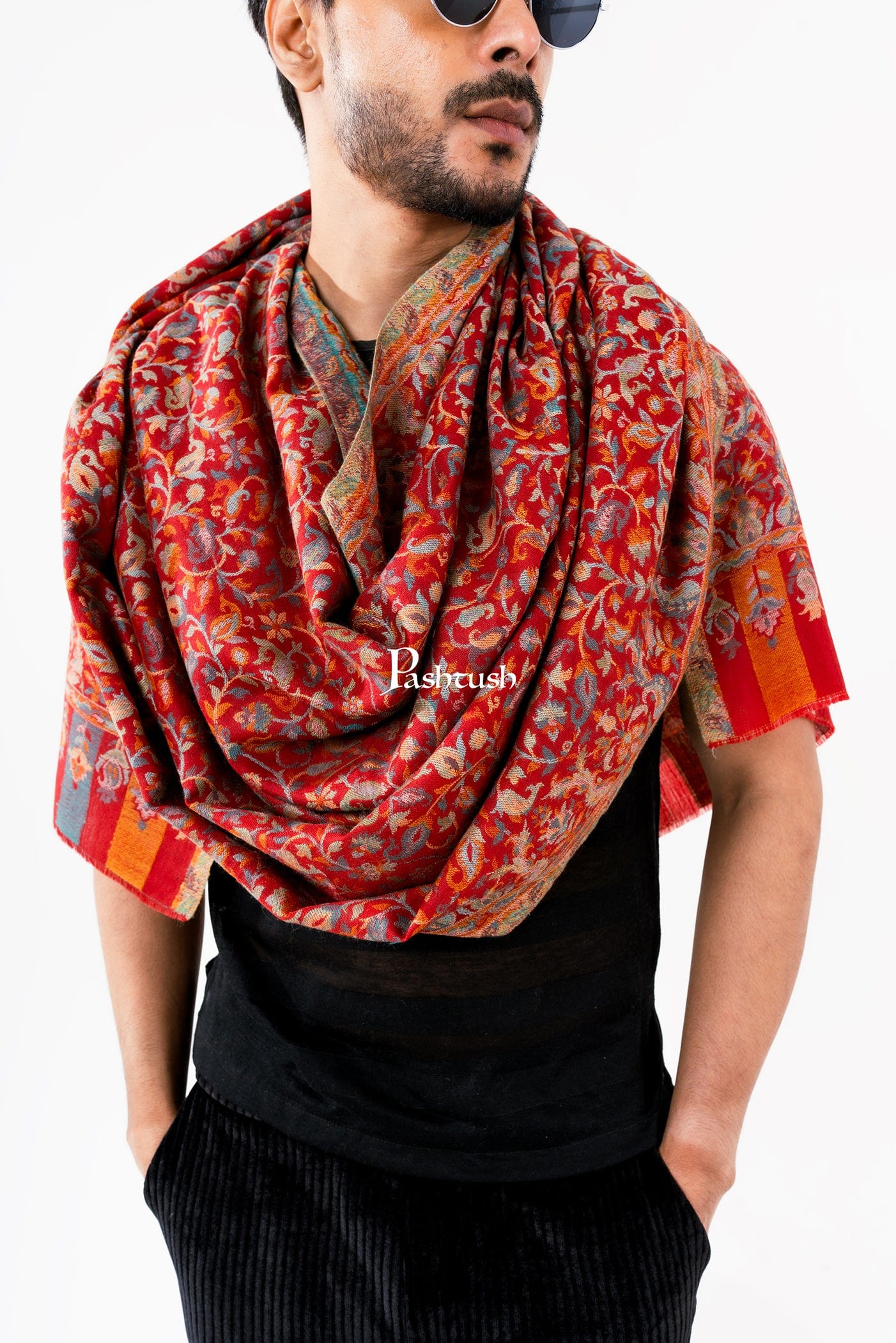 Pashtush Mens Fine Wool Stole, Ethnic Weave Design, Luxury Garnet - Image 7
