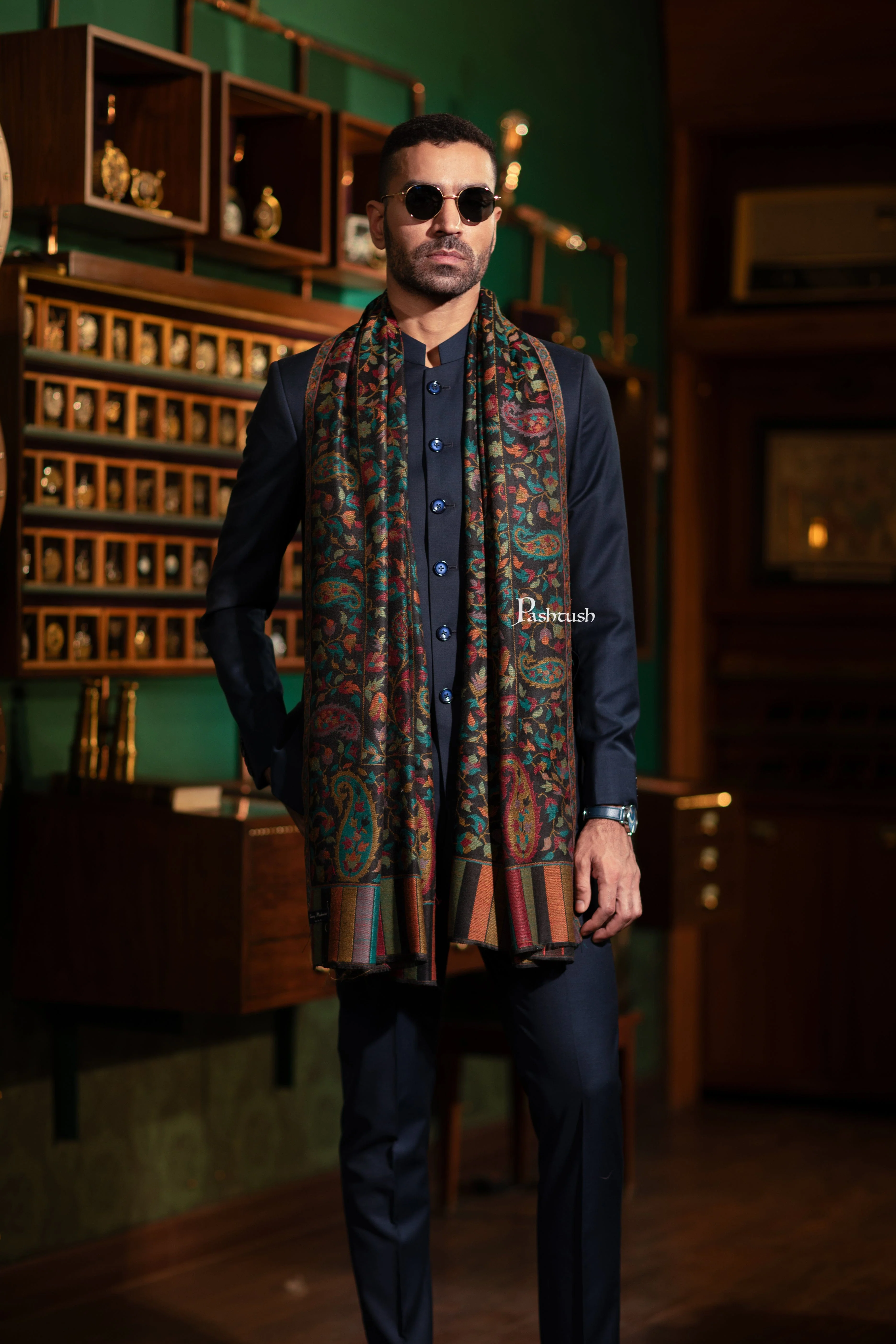 Pashtush Mens Fine Wool Stole, Ethnic Weave , Soft and Warm, Deep Blue - Image 3
